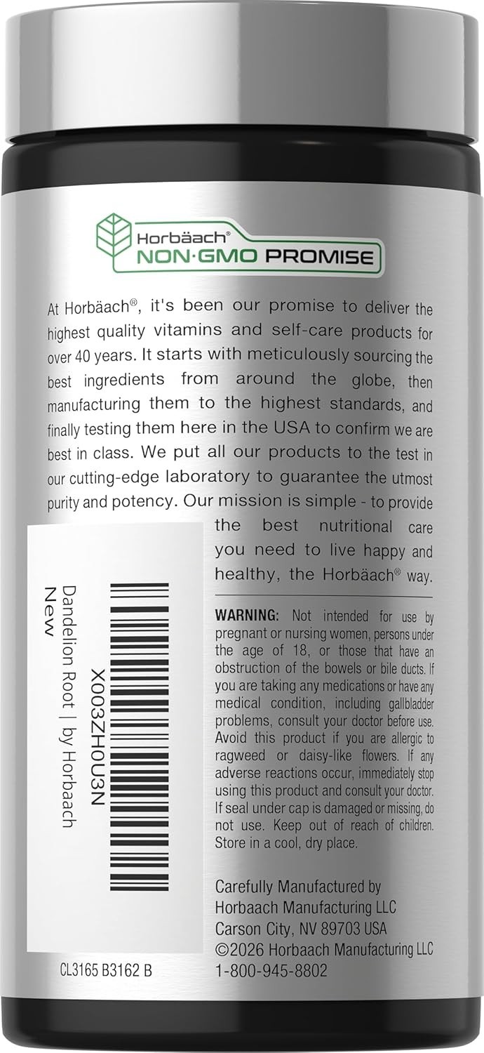 Dandelion Root Capsules 1800mg | 120 Count | Non-GMO, Gluten Free | by Horbaach