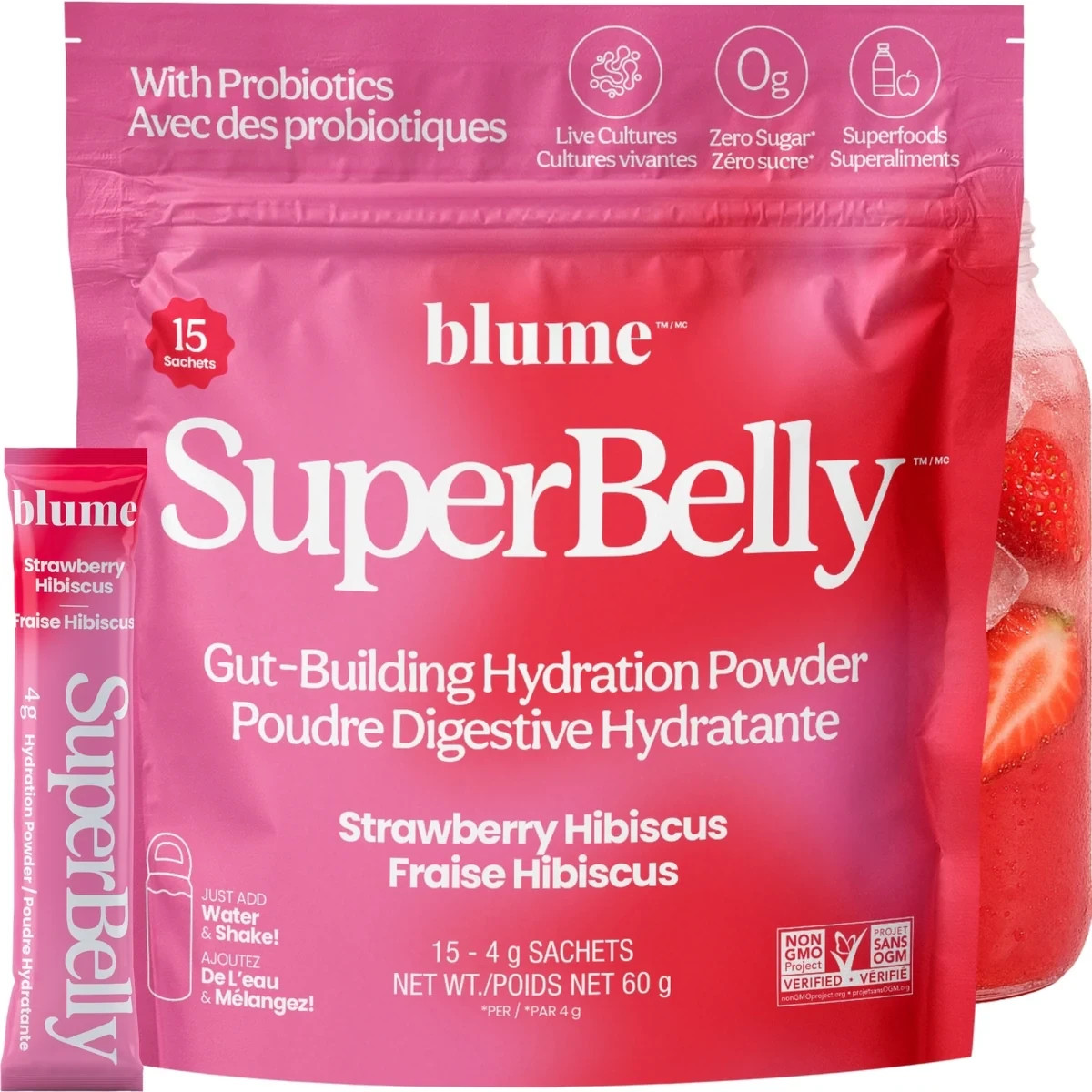 Blume SuperBelly Hydration Powder Strawberry Hibiscus Gut Build 15x 4g ea NEW