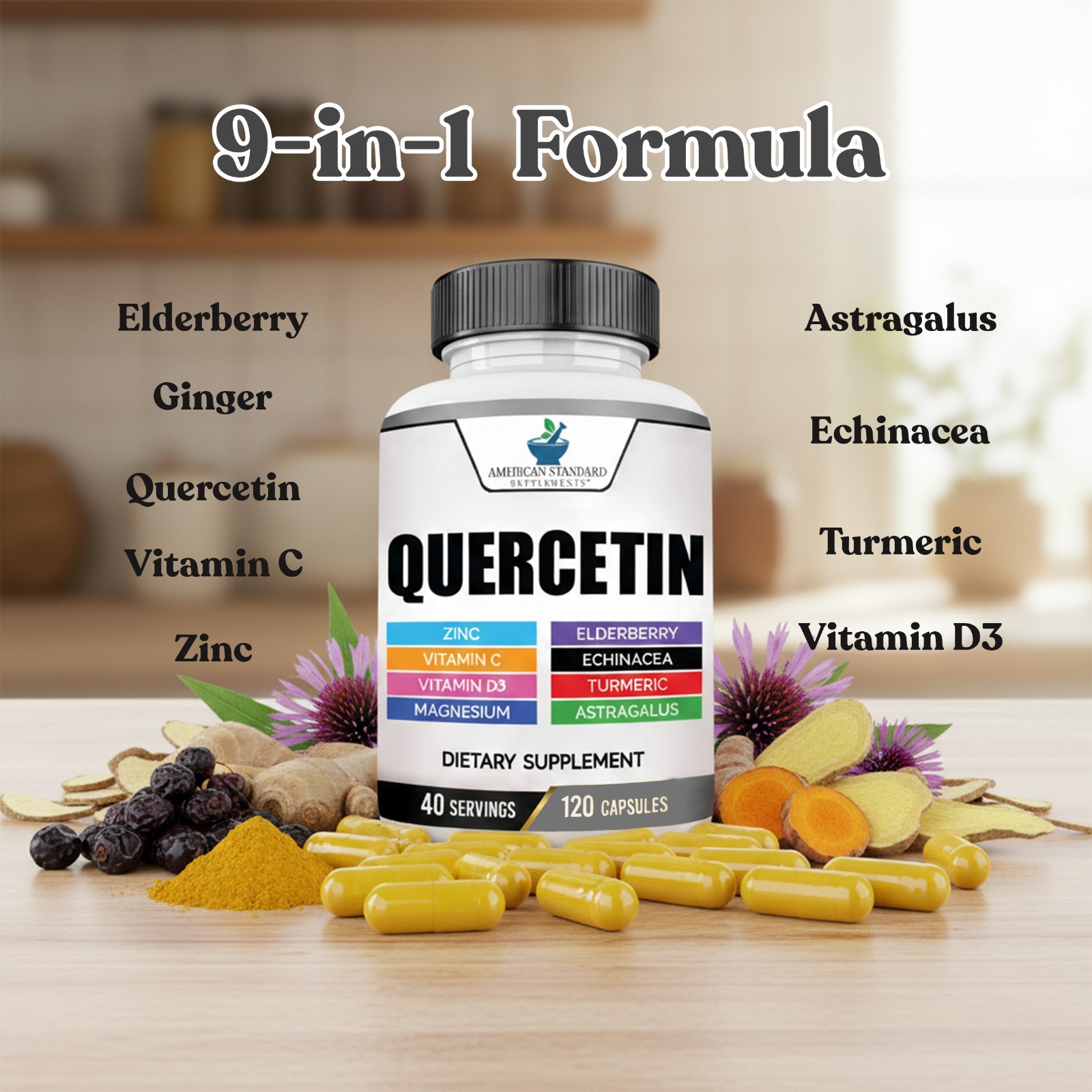 Quercetin 1000mg, Zinc, Vitamin C, Vitamin D, Magnesium – 9 in 1 Immune Support