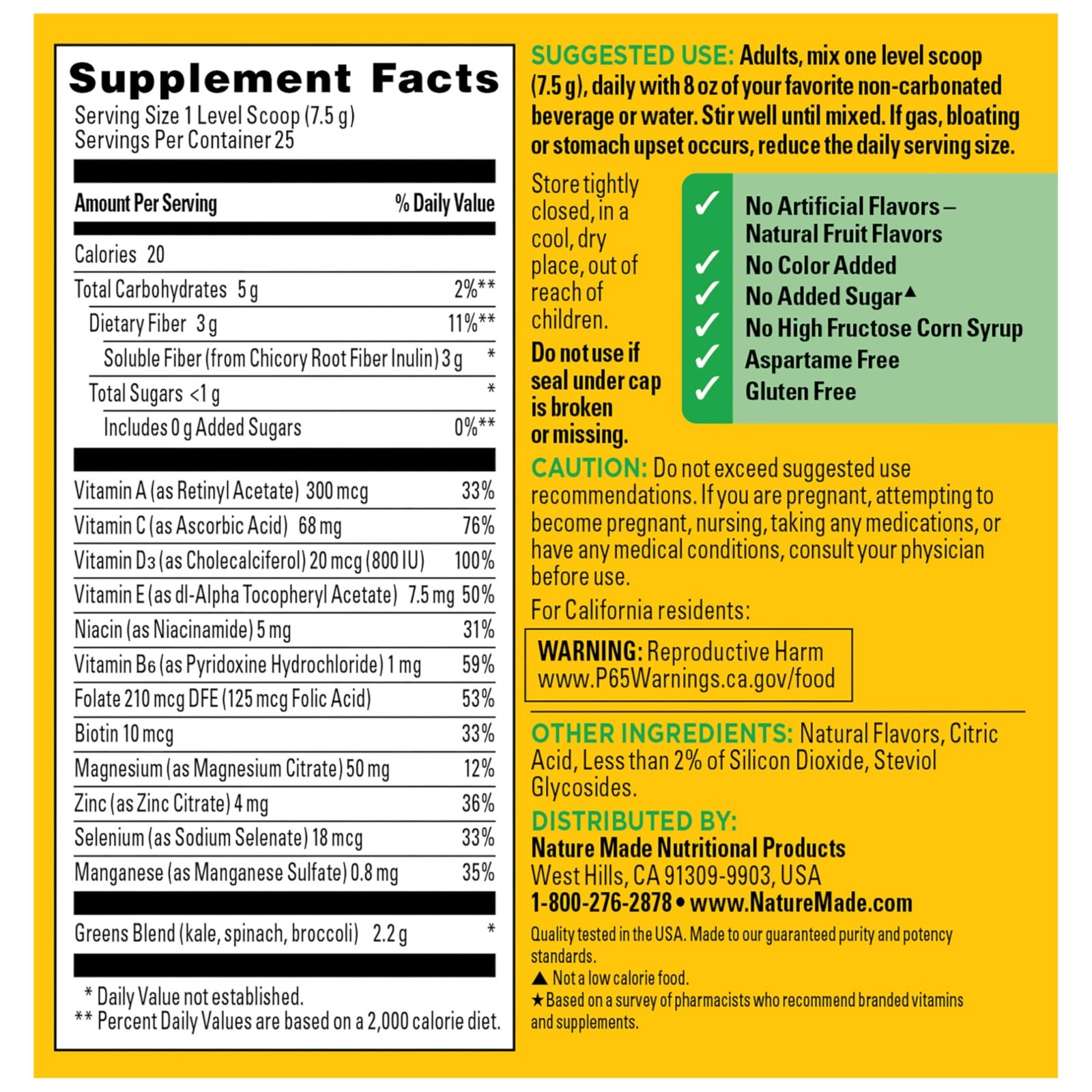 Super Greens Powder Drink Mix – Prebiotic Fiber, 1 Cup Veggies/Serving, Gluten F