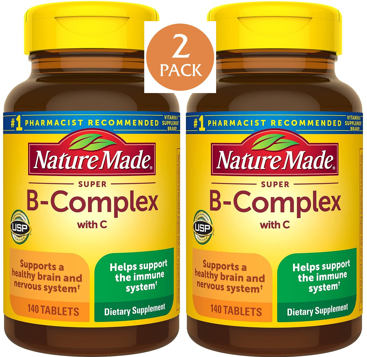 2 Pack Super B Complex with Vitamin C B12 B6 Folic Acid Biotin, 280 Tabs (2×140)