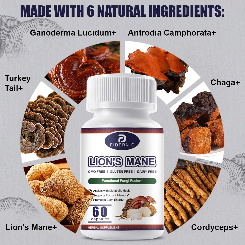 60 PCS Lions Mane Mushroom Supplement -Immune Support ，MEMORY, FOCUS, STRESS AID