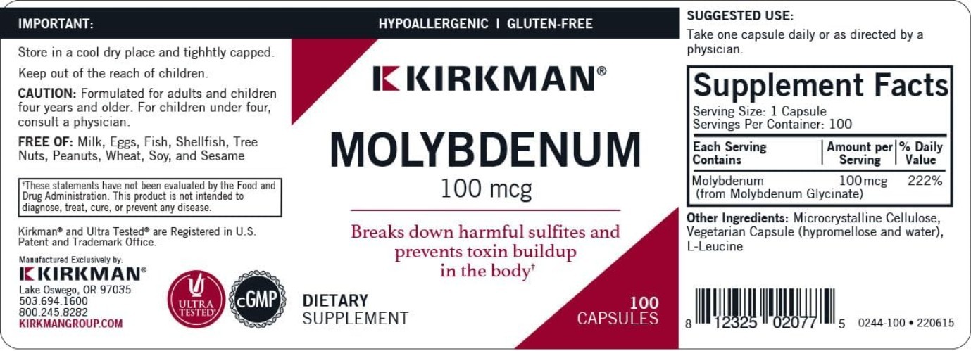Molybdenum Capsules 100 mcg – 100 Count – Ultra Tested & Hypoallergenic