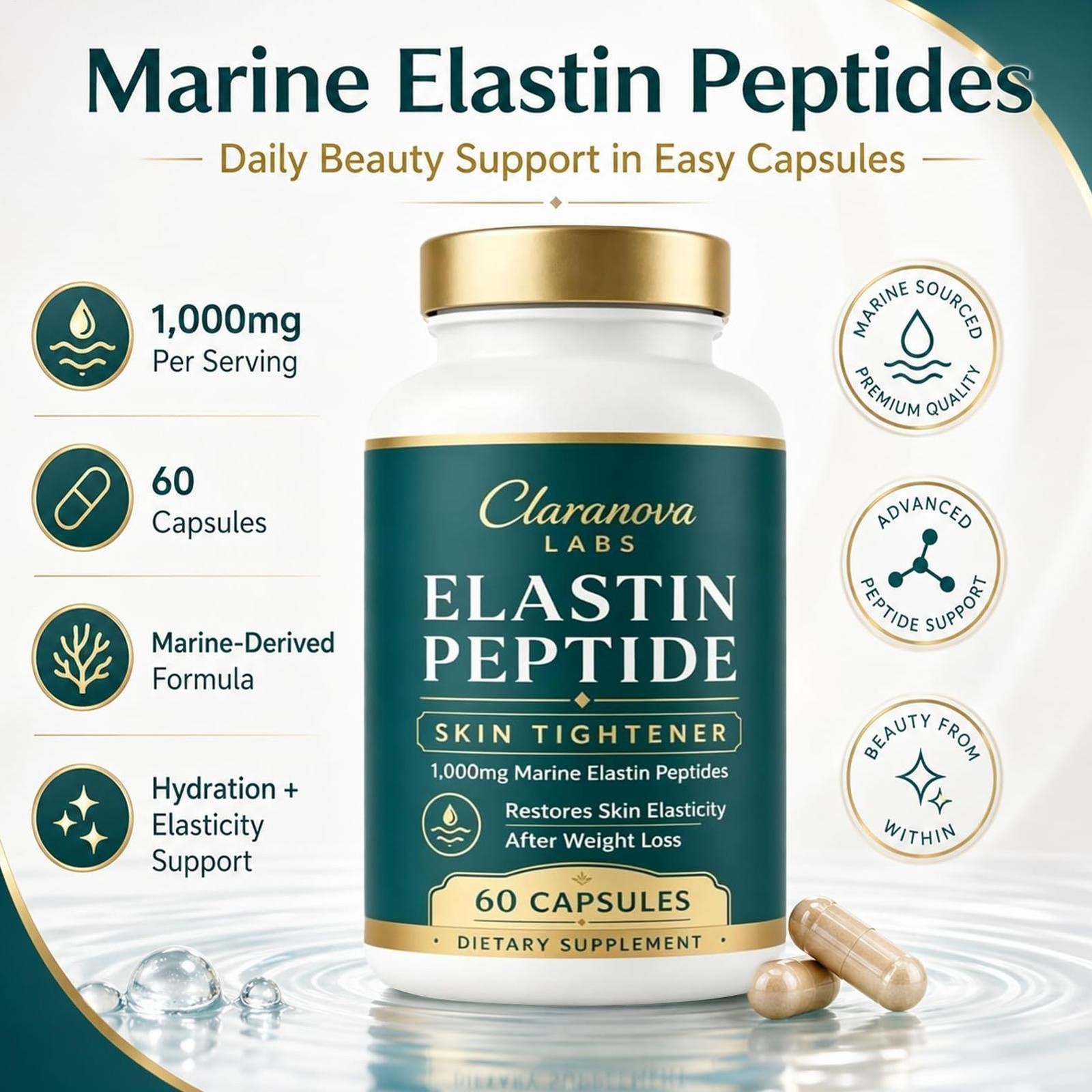Claranova Labs Marine Elastin Peptides, Elastin Peptide Skin Tightening 60 Ct X3