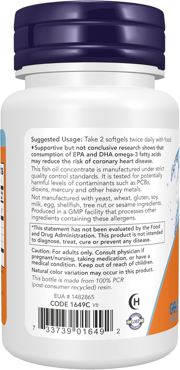 NOW Foods Supplements, Omega-3 180 EPA / 120 DHA, Molecularly Distilled, Cardiov