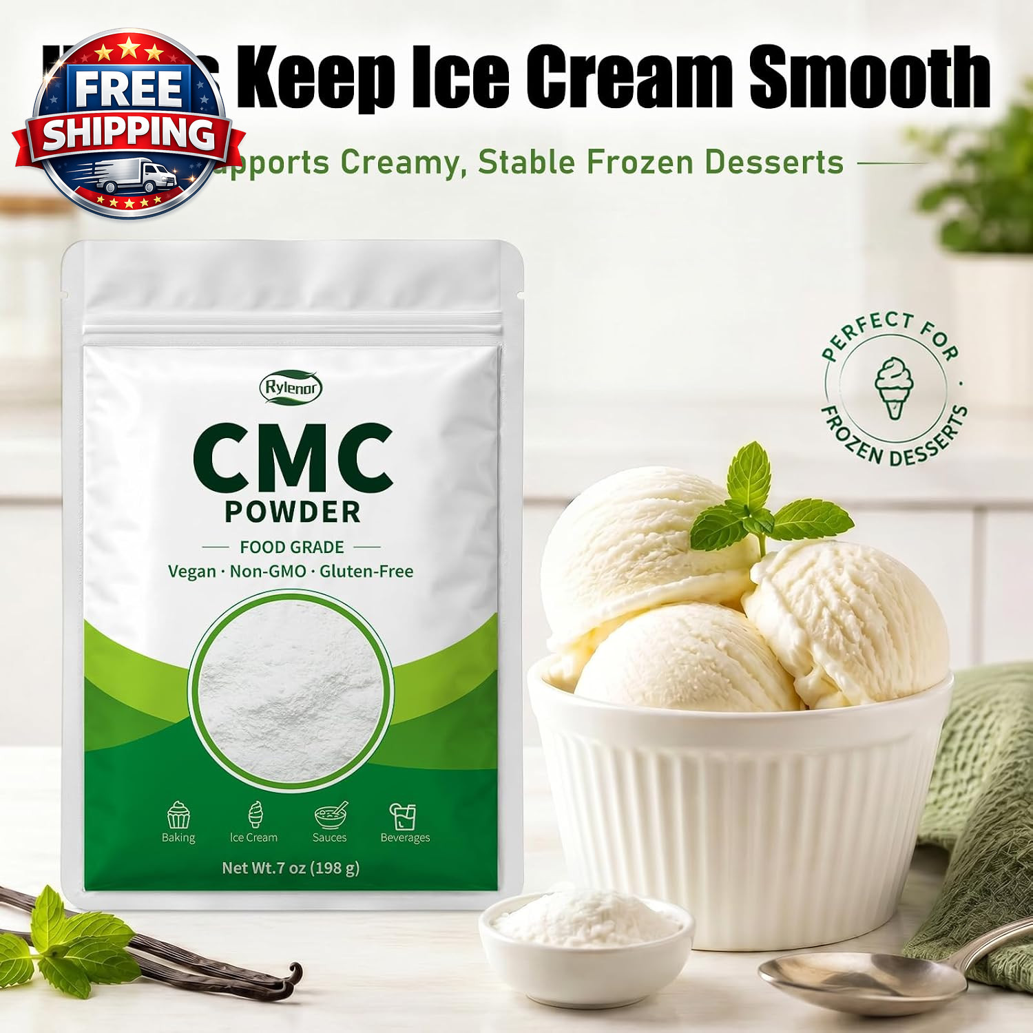 100% Pure CMC Powder CMC Para Helados for Fondant, Ice Cream Stabilizer – 7Oz Ce