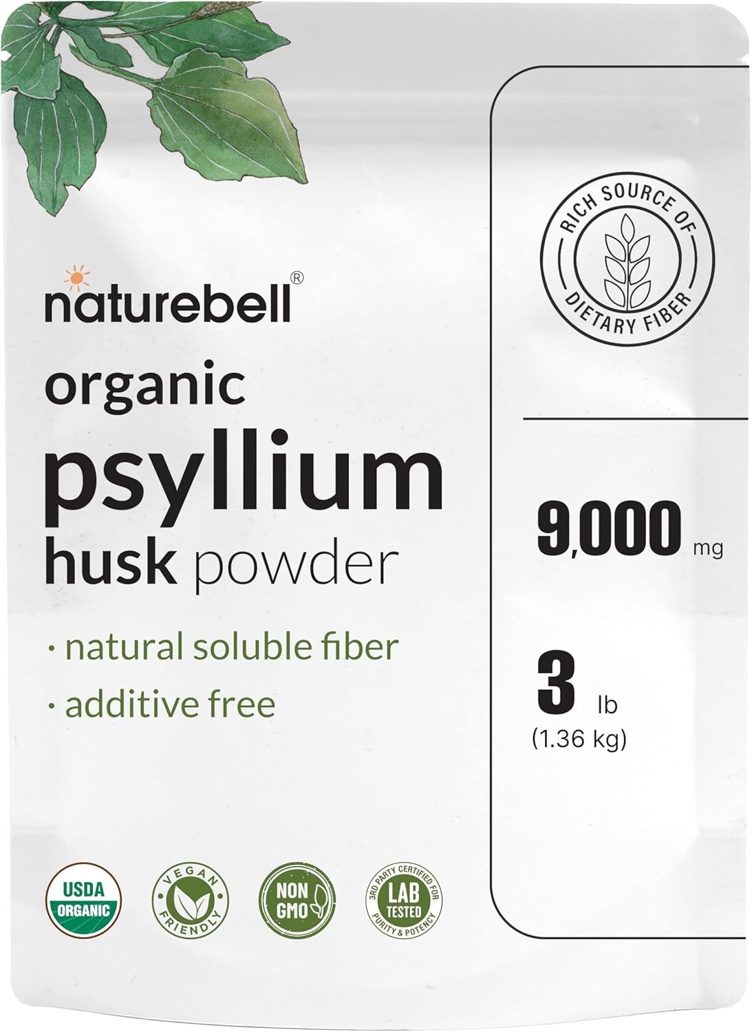 Organic Psyllium Husk Fiber Powder 9g per Serving 3lb for Digestive Gut Health