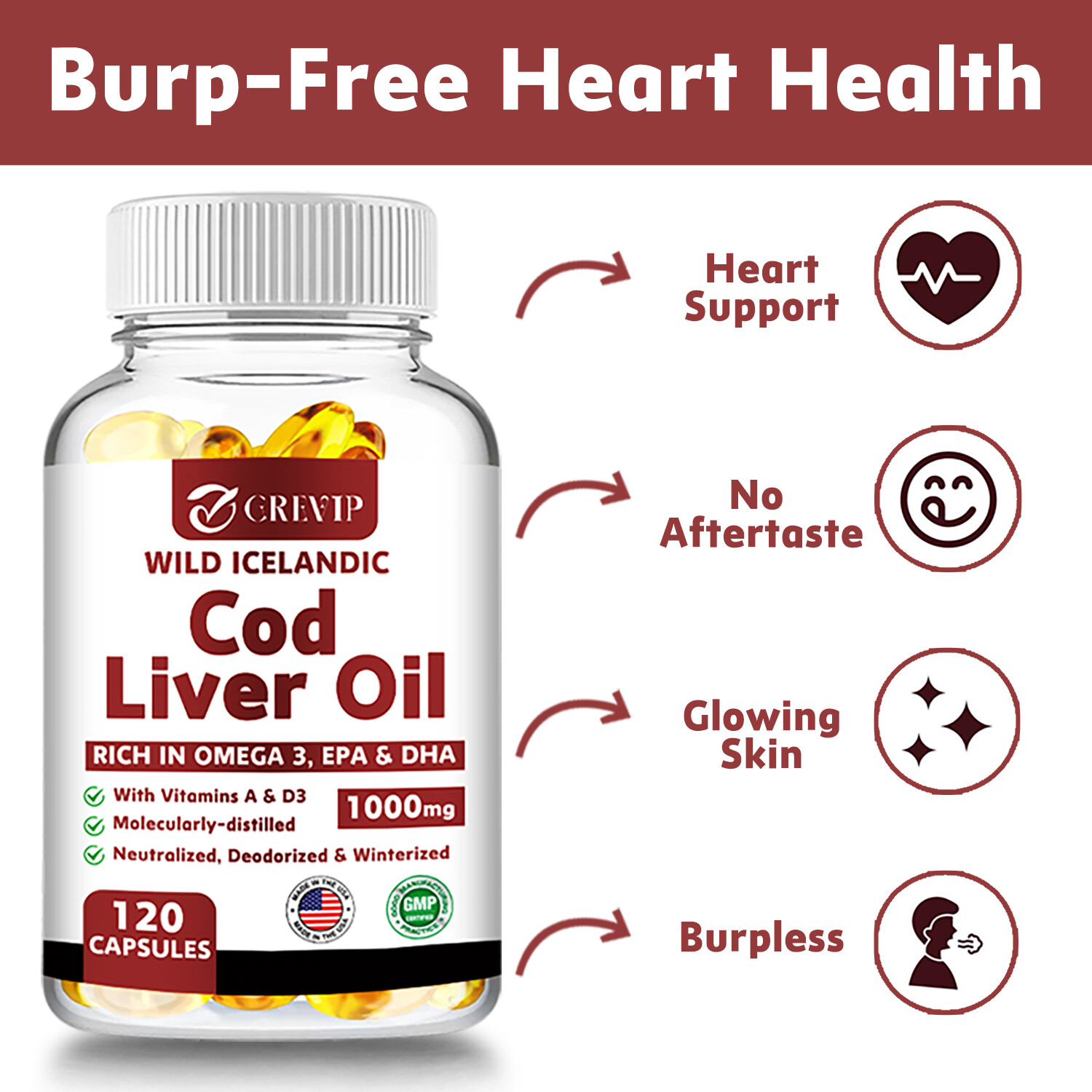 Wild Icelandic Cod Liver Oil Capsules 1000mg – Omega-3 EPA, DHA , Vitamin A & D3