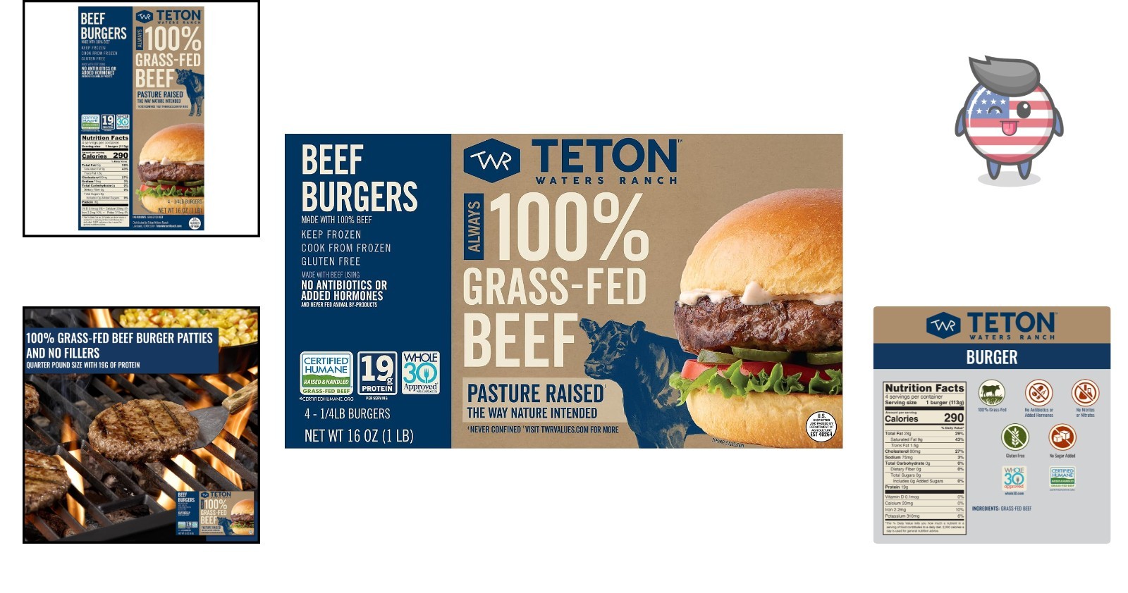 Convenient 100% Grass-Fed Beef Burgers, Frozen, Gluten Free, 4 Patties, 16 oz