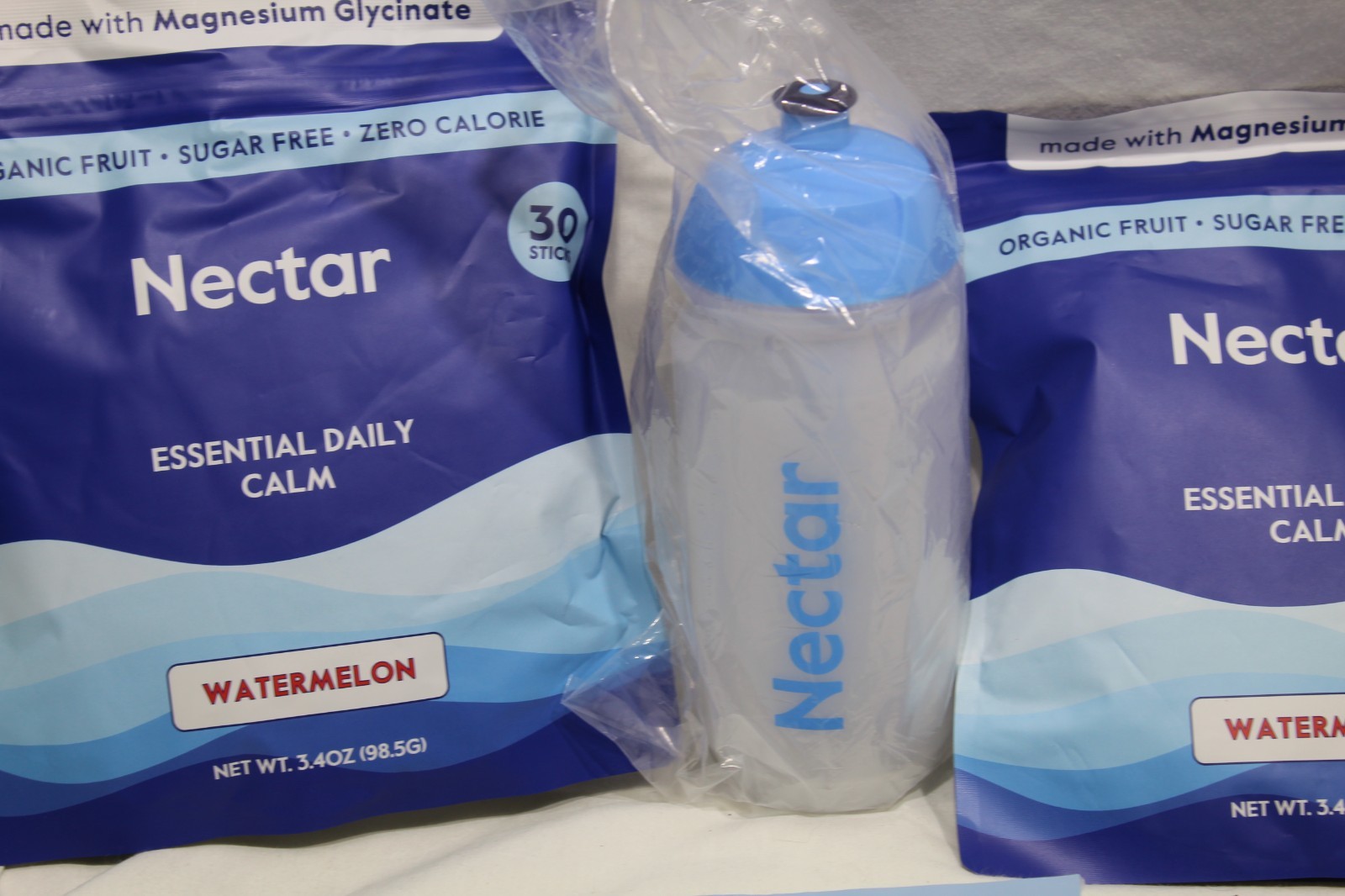 2 Nectar Daily Calm Watermelon (30 packets Each), Energy Sample Pack, Water Bott