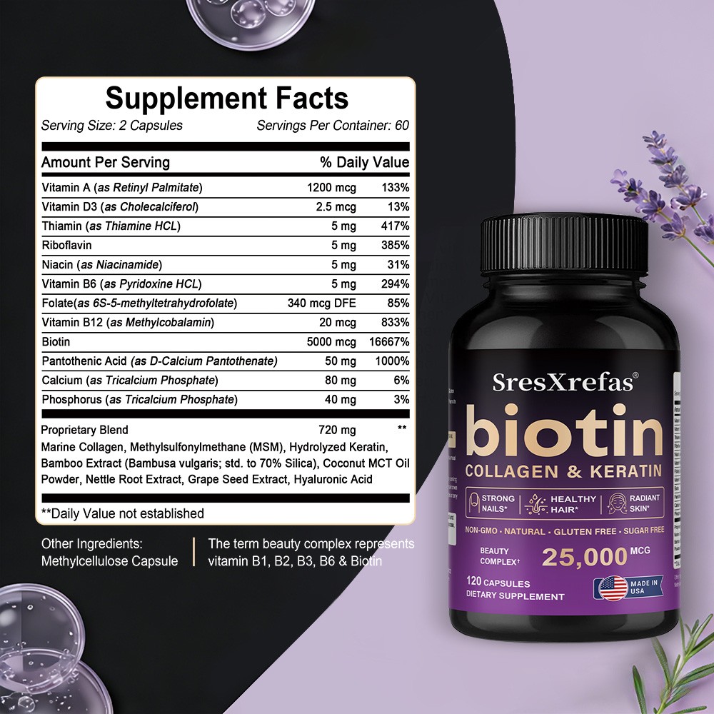 Biotin Collagen Keratin-Hair Growth,Skin Health,Strong Nails 30/60/120 Capsules