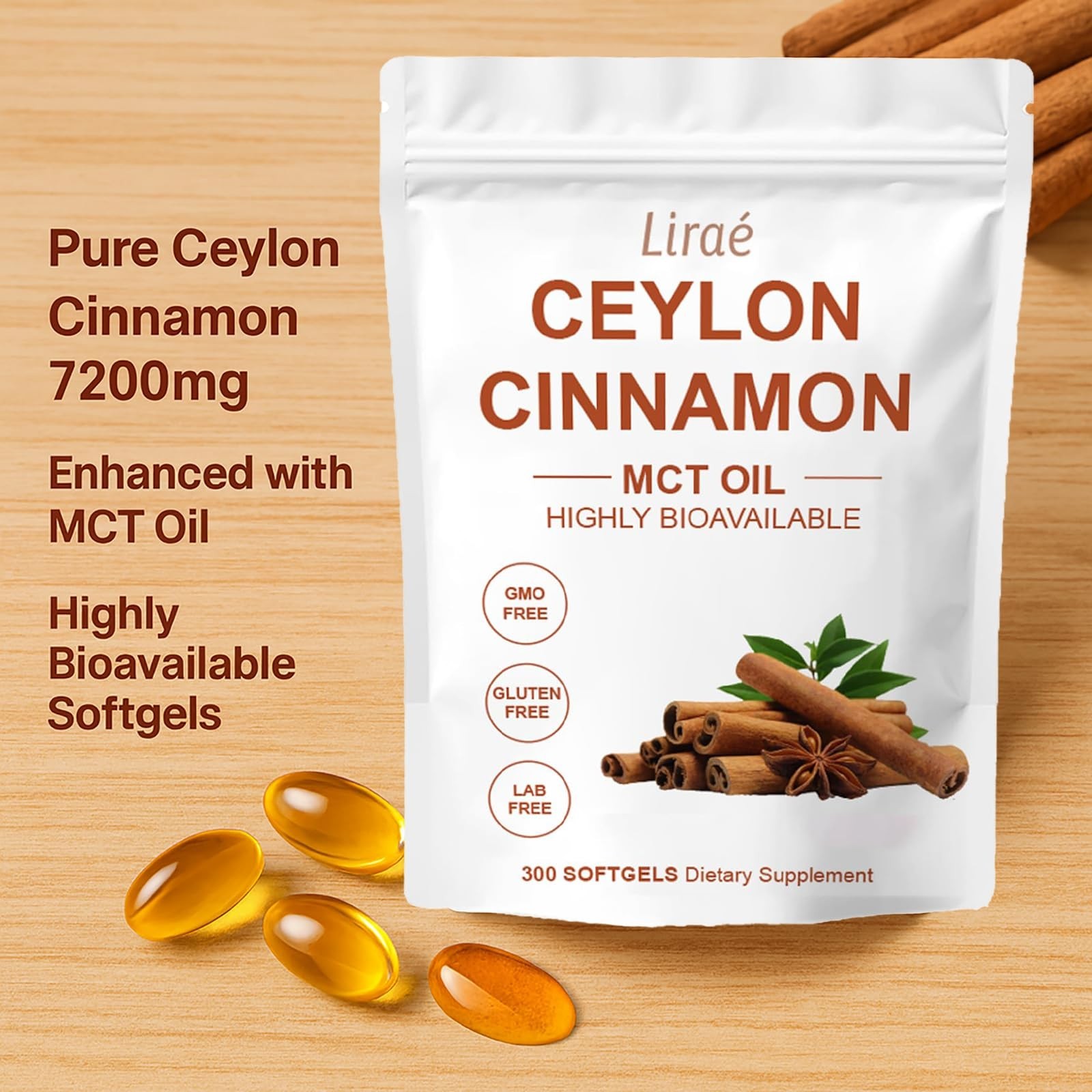 Ceylon Cinnamon Softgels with MCT Oil – 300 Non-GMO, Gluten-Free, Easy to Swallo