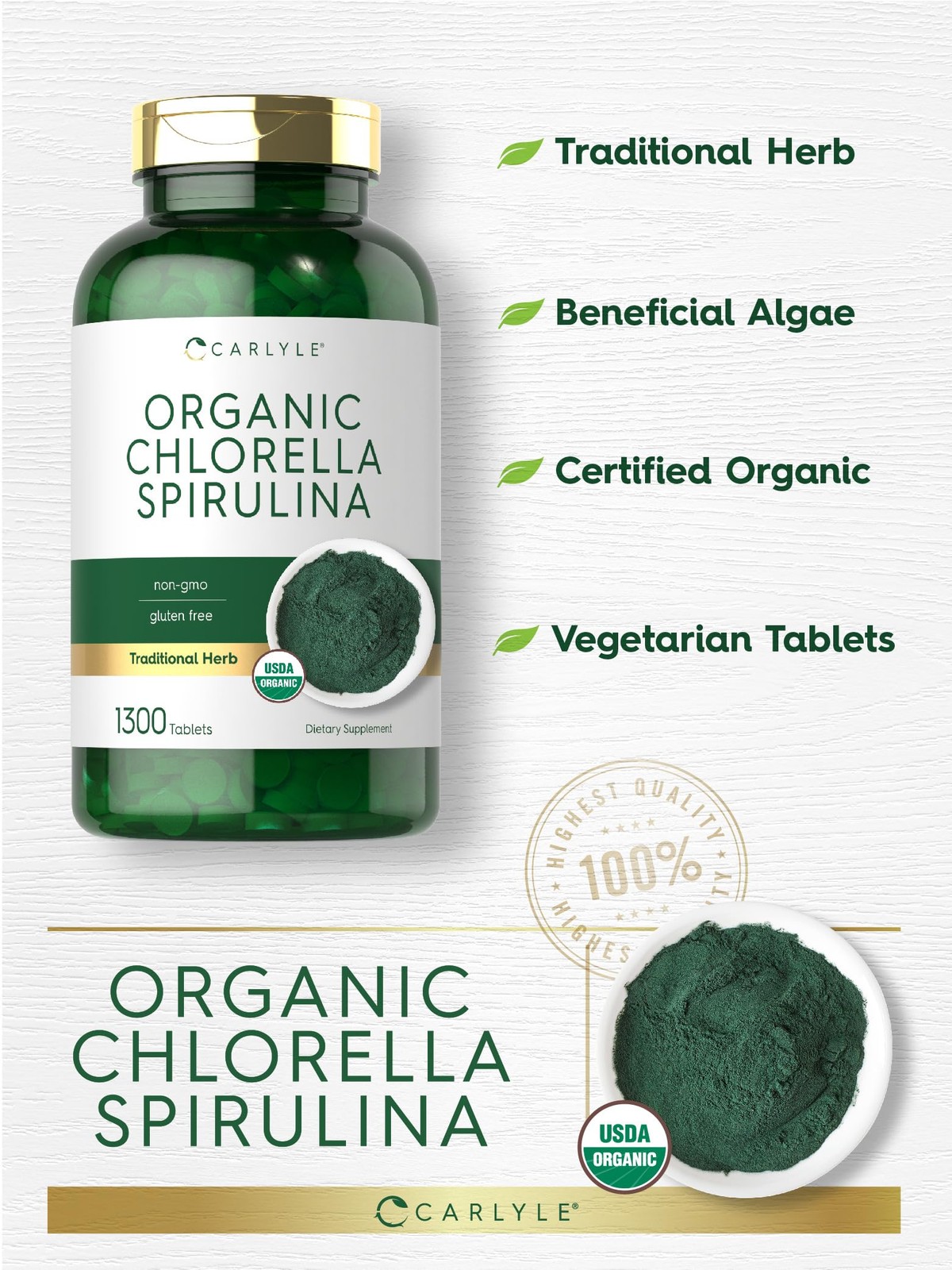 Carlyle Organic Chlorella Spirulina Tablets | 1300 1300 Count (Pack of 1)