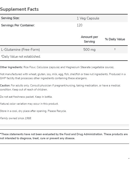 L-Glutamine 500mg 120 Vegetable Capsules Now Foods