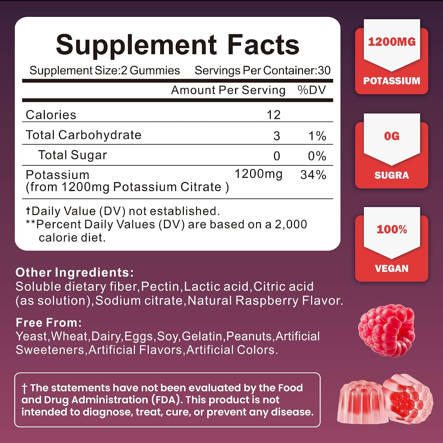 Potassium Citrate Gummies 1200mg Sugar Free Vegan Raspberry Flavor 60 Count