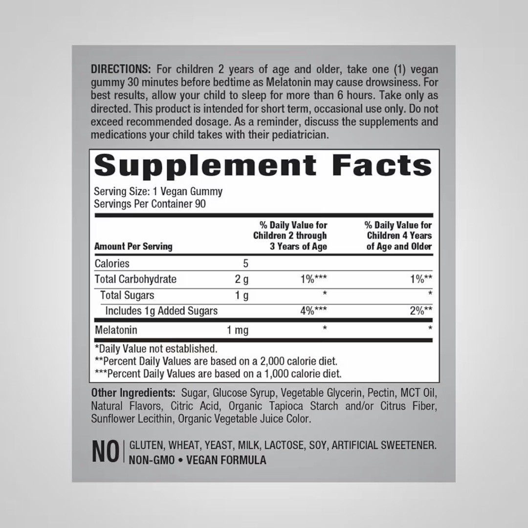 Kids Melatonin Gummies 1mg 90Count Mixed Berry Sleep Support Vegan Non-GMO Glute