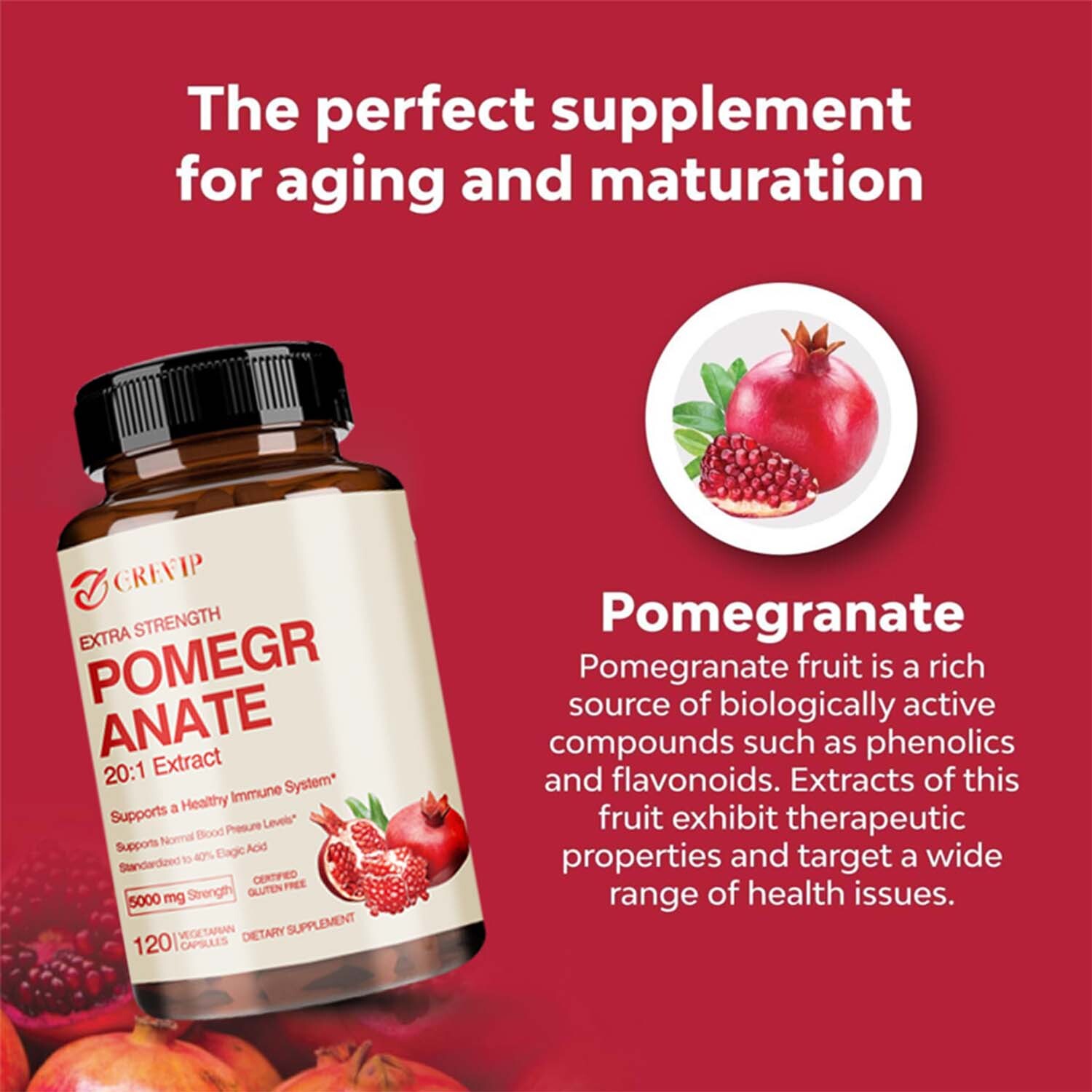 120pcs Pomegranate 5000mg – 40% Ellagic Acid – Heart Joint Support, Antioxidant