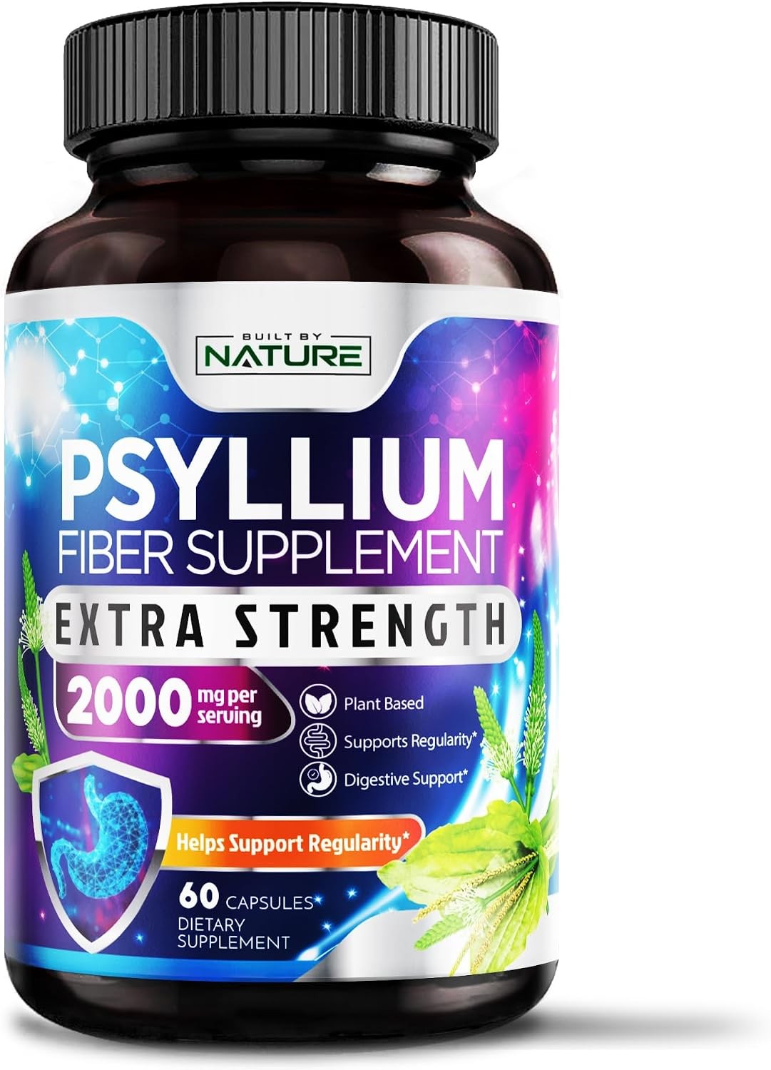 Psyllium Husk 60 Capsules Natural Soluble Fiber Pills 2000mg Supports Digestive