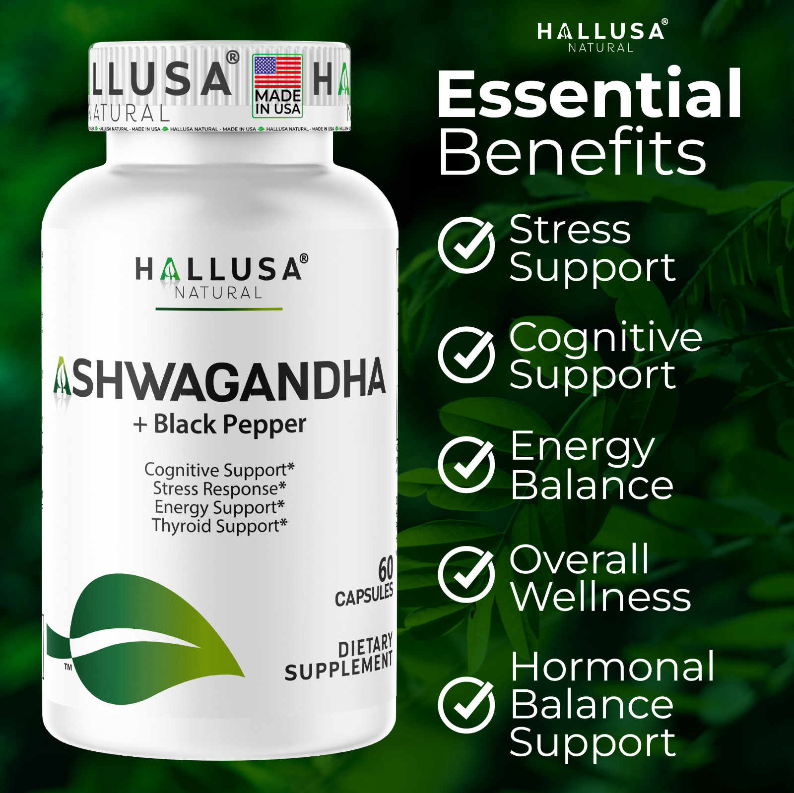 Organic Ashwangandha Root Extract with Black Pepper – Natural Supplement 60 CAP