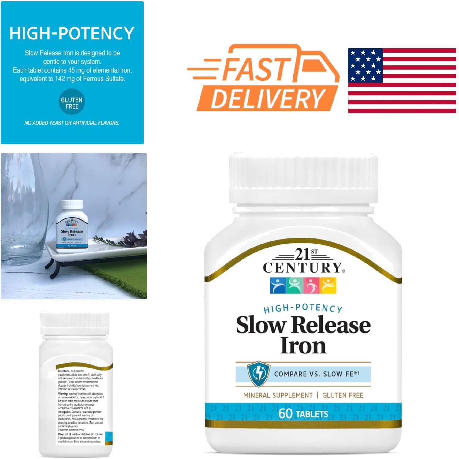 Slow Release Iron Tablets 60 Count Pack of 3 Gluten Free Iron Supplement