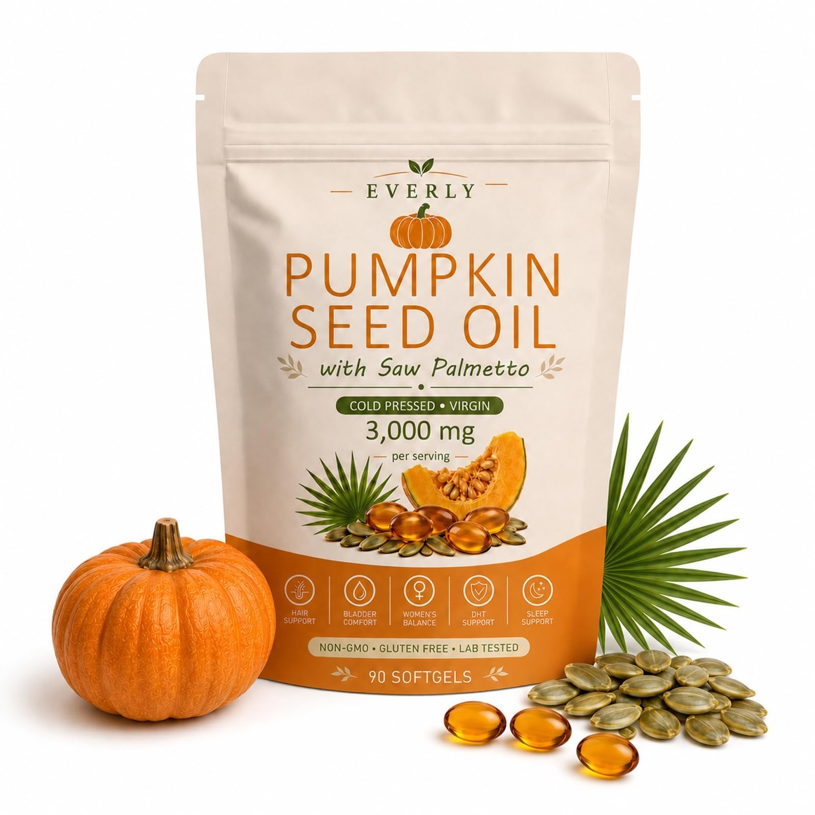 Pumpkin Seed Oil with Saw Palmetto, Cold Pressed Non-GMO, 90 Softgels for Hair &