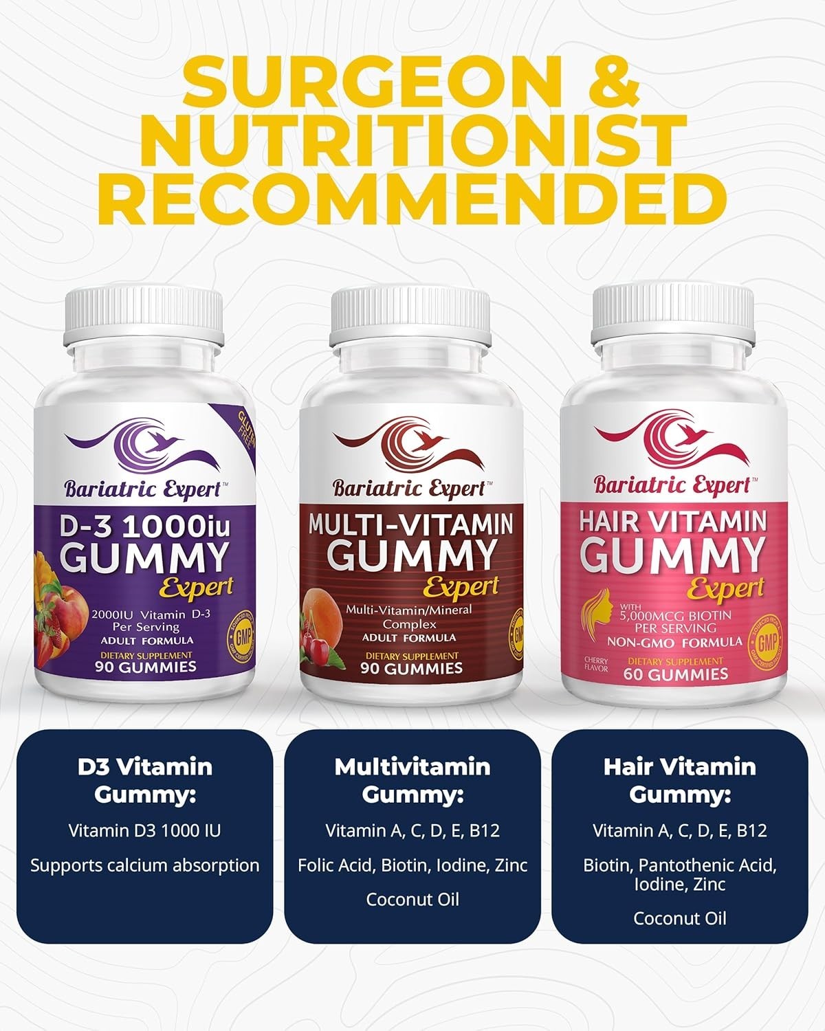 Bariatric Multivitamin Gummy 3 Pack D3 & Hair Formula Chews Adult Daily
