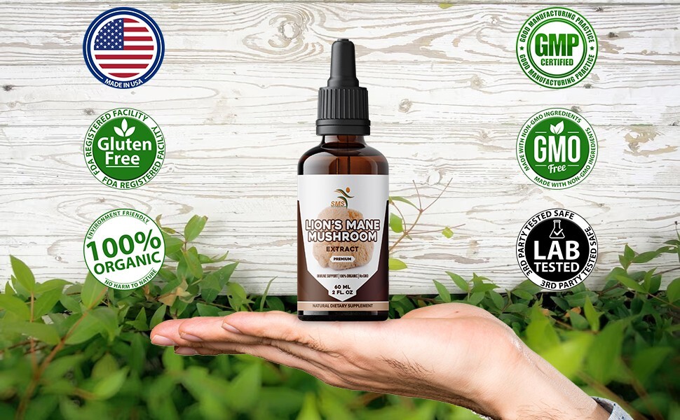 Lions Mane Mushroom Extract Organic Non GMO Tincture Liquid Herbal Drops 2 Fl Oz