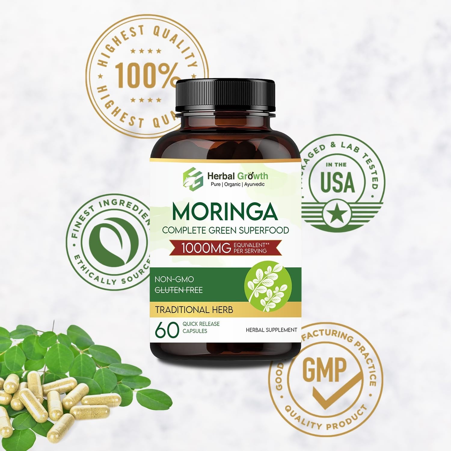 HERBAL.GROWTH Moringa 1000mg Capsules 60 Count Pack of 3