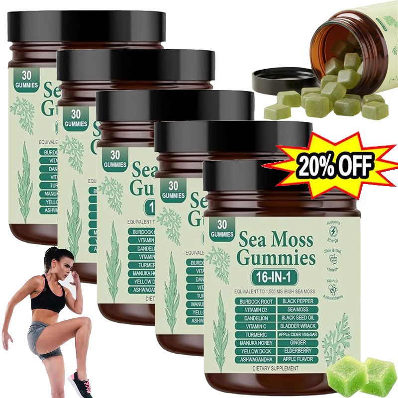 Improved 16 in 1 Organic Sea Moss Gummy | Irishmoss Extract 6000Mg | Green Apple