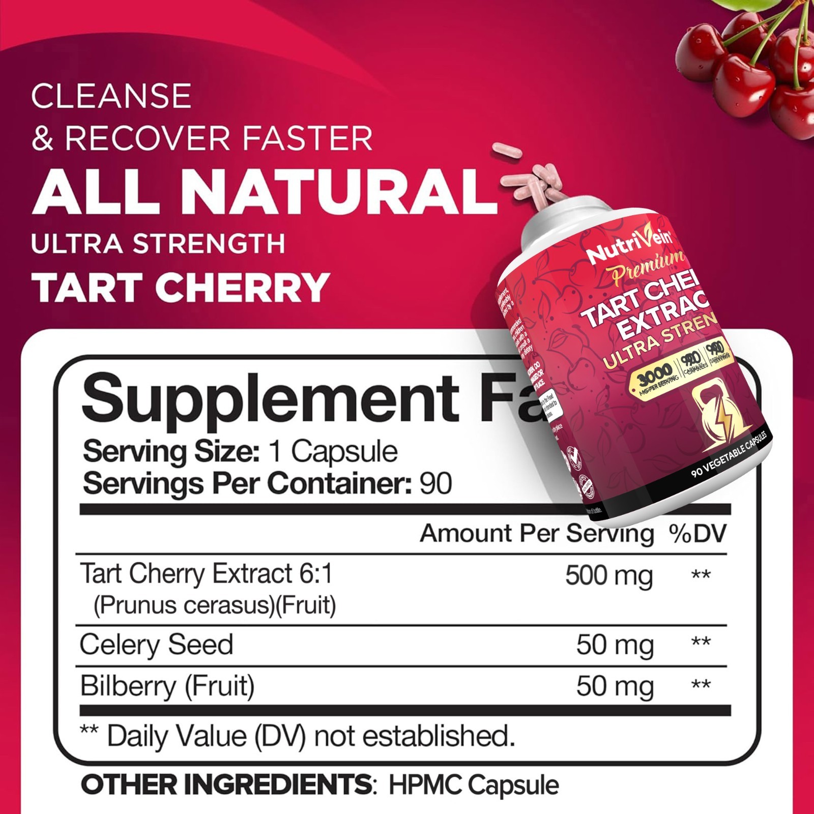 Nutrivein Tart Cherry Capsules 3000mg – 90 Vegan Pills – Supports Uric Acid