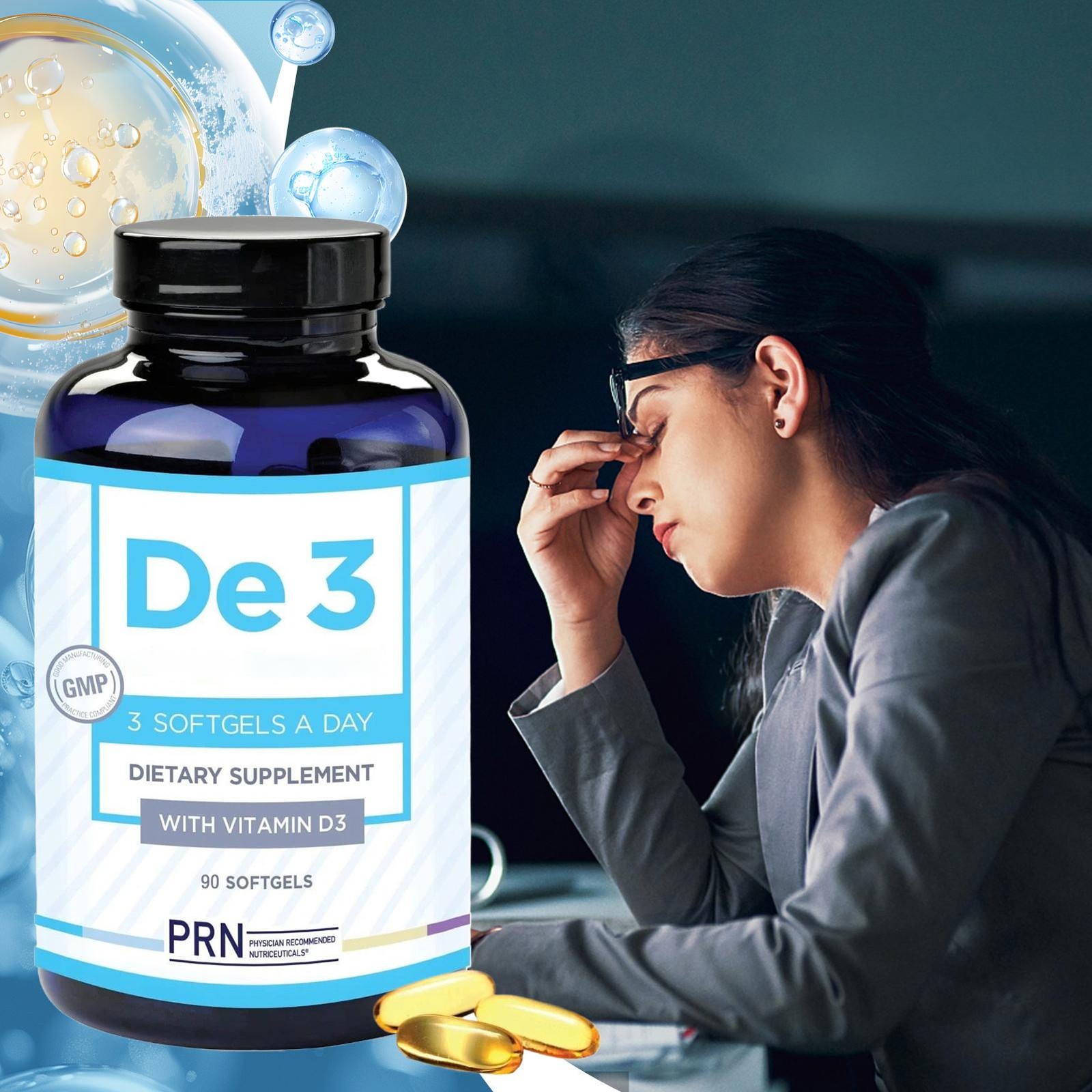 PRN De3 Dry Eye Omega Benefits Dietary Supplement with Vitamin D3 | 270 Softgels