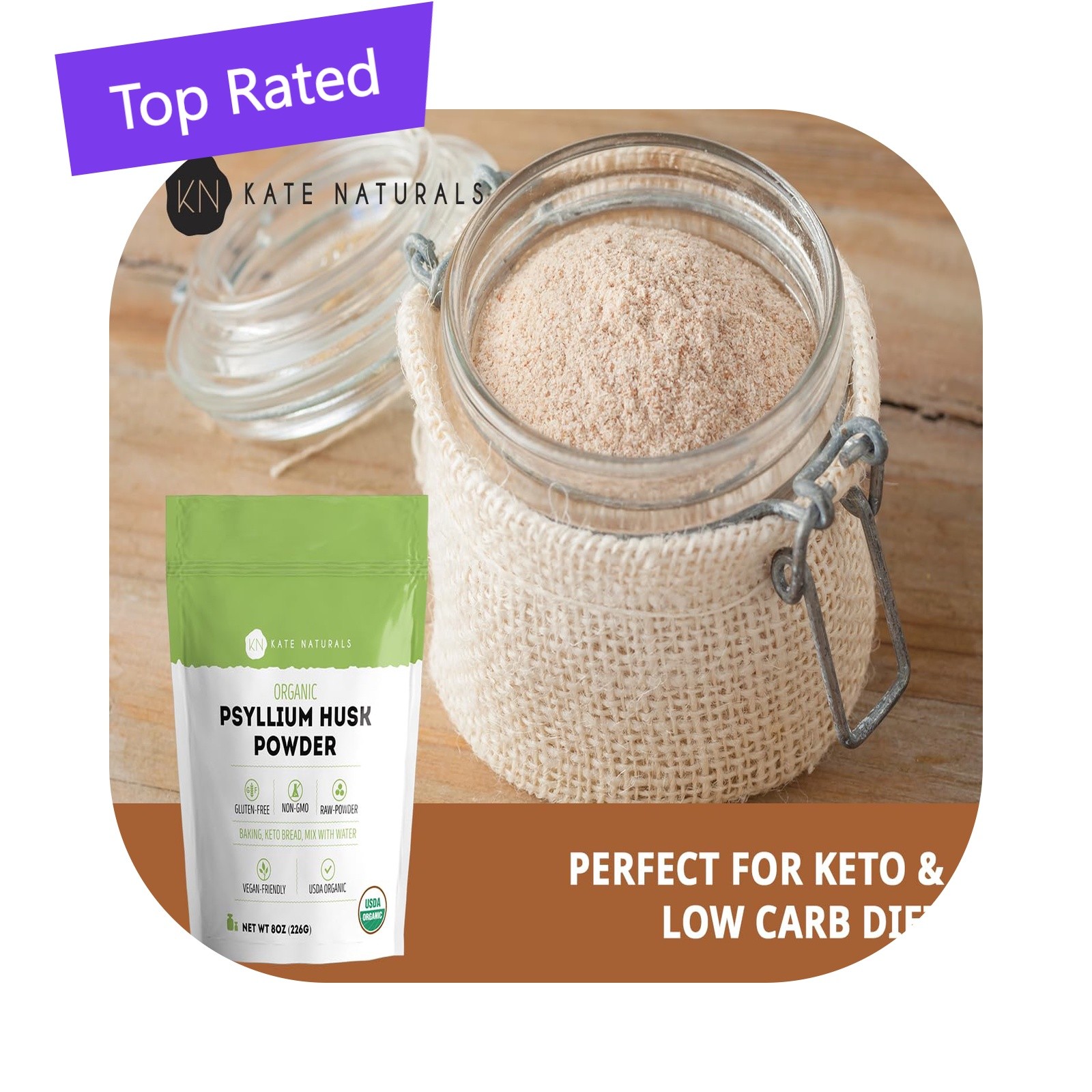 Kate Naturals Psyllium Husk Powder 8oz Organic Gluten Free Baking Digestion