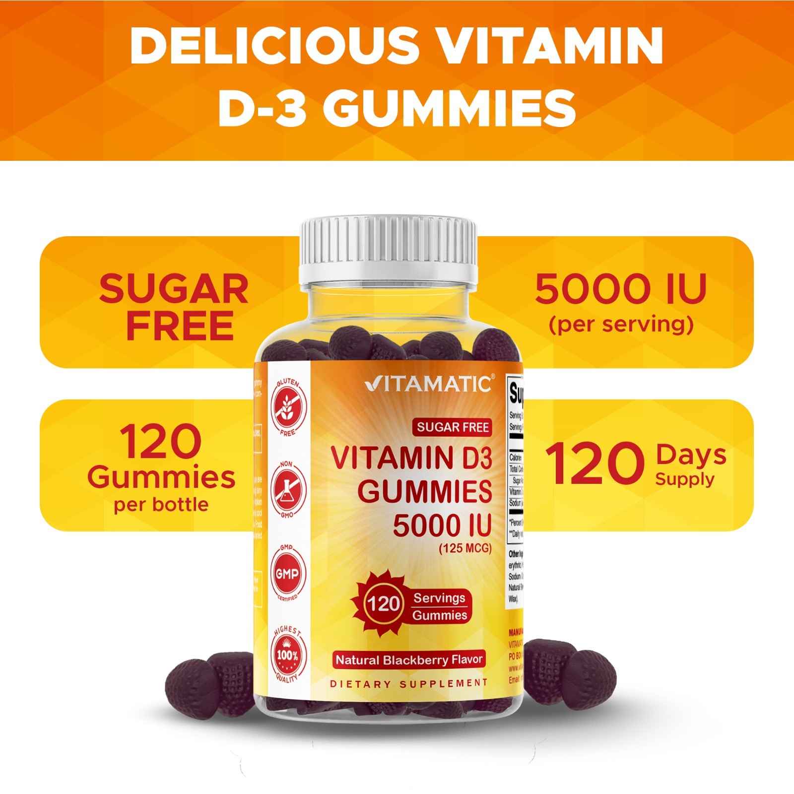 Vitamatic Sugar Free Vitamin D3 (5000 IU) – 120 Pectin Based Gummies.