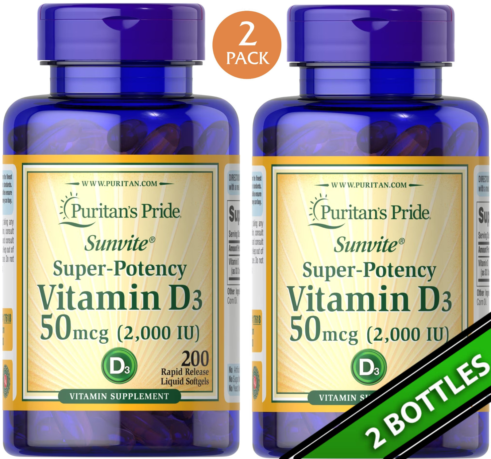 Vitamin D3 400 Softgels (2×200) D-3 Potency 2000 IU 50mcg Bone & Immune Health D