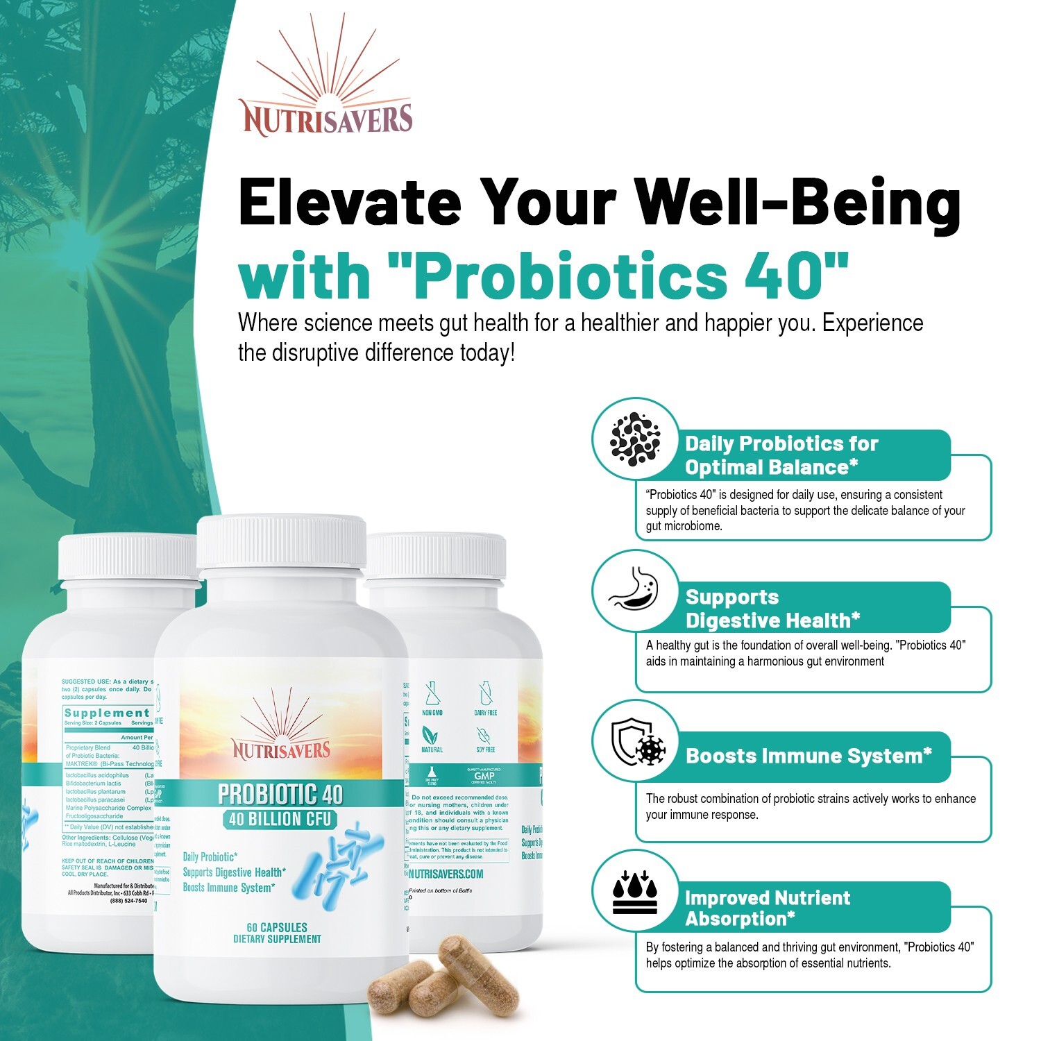 Probiotic Digestion Support 40 Billion CFU Body Defense 180 Vegan Caps