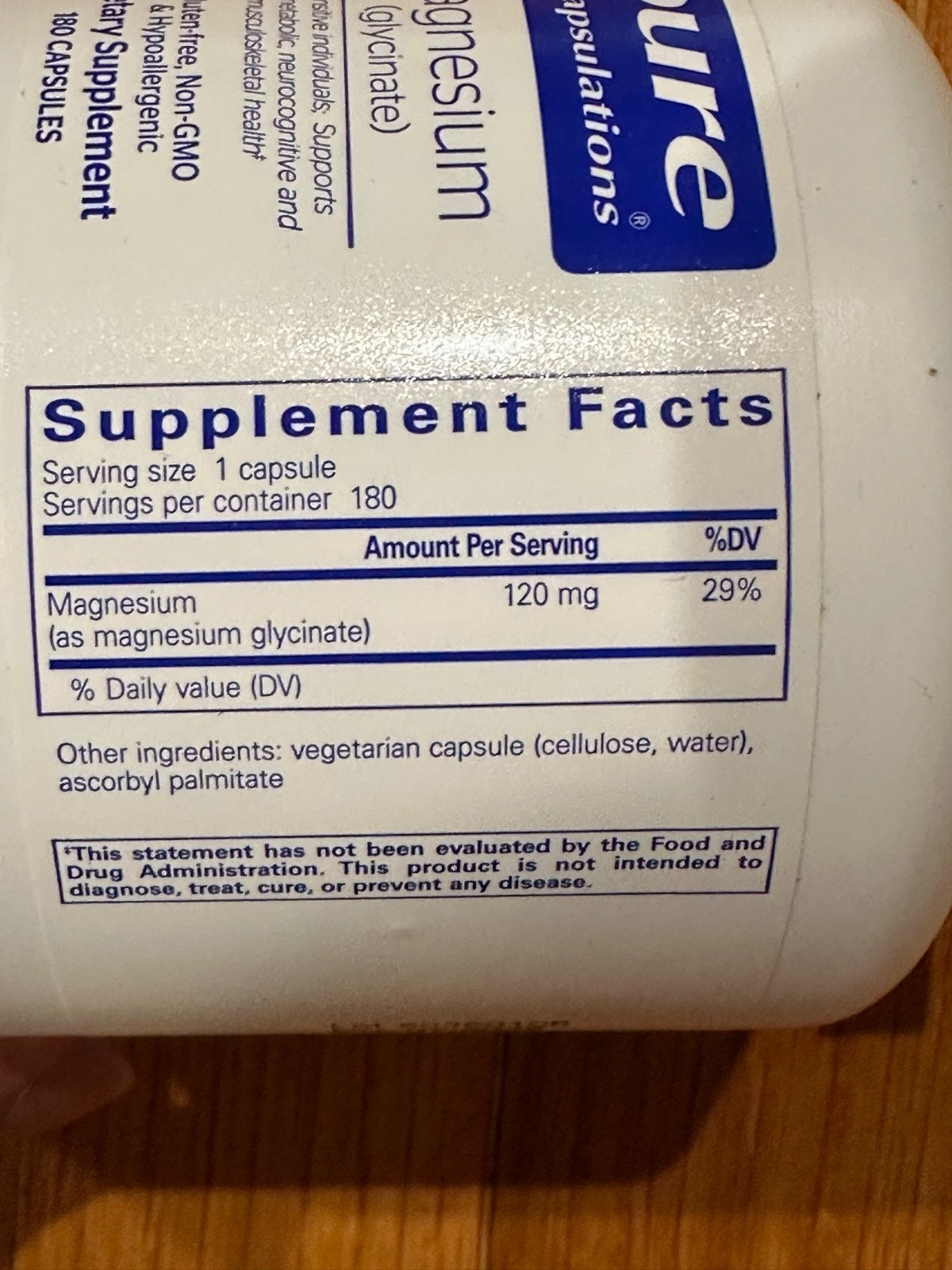 Pure Encapsulations Magnesium Glycinate 120 Mg, 180 Capsules EXP 07/2028