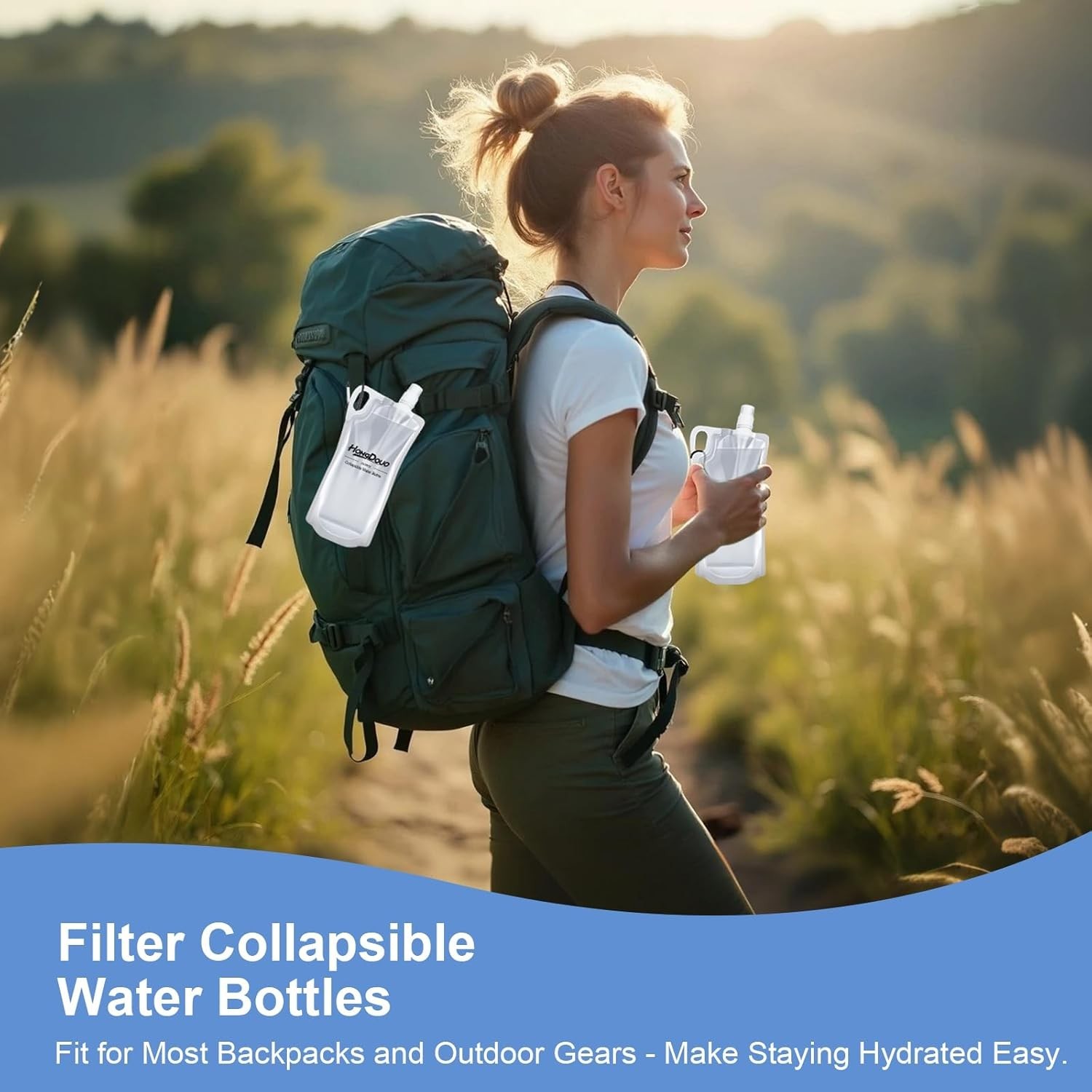 2 Pack Collapsible Water Bottles 1L Hiking Water Flasks 2L Total 33oz BPA-Free