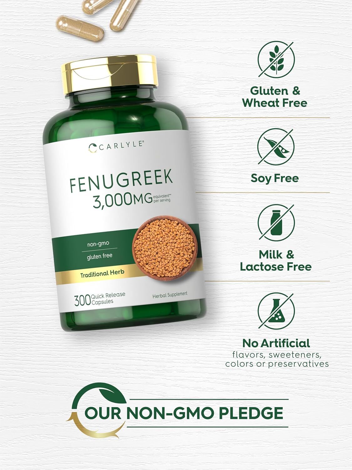 Fenugreek Capsules | 3000mg | 300 Count | Non-GMO, Gluten Free | by Carlyle