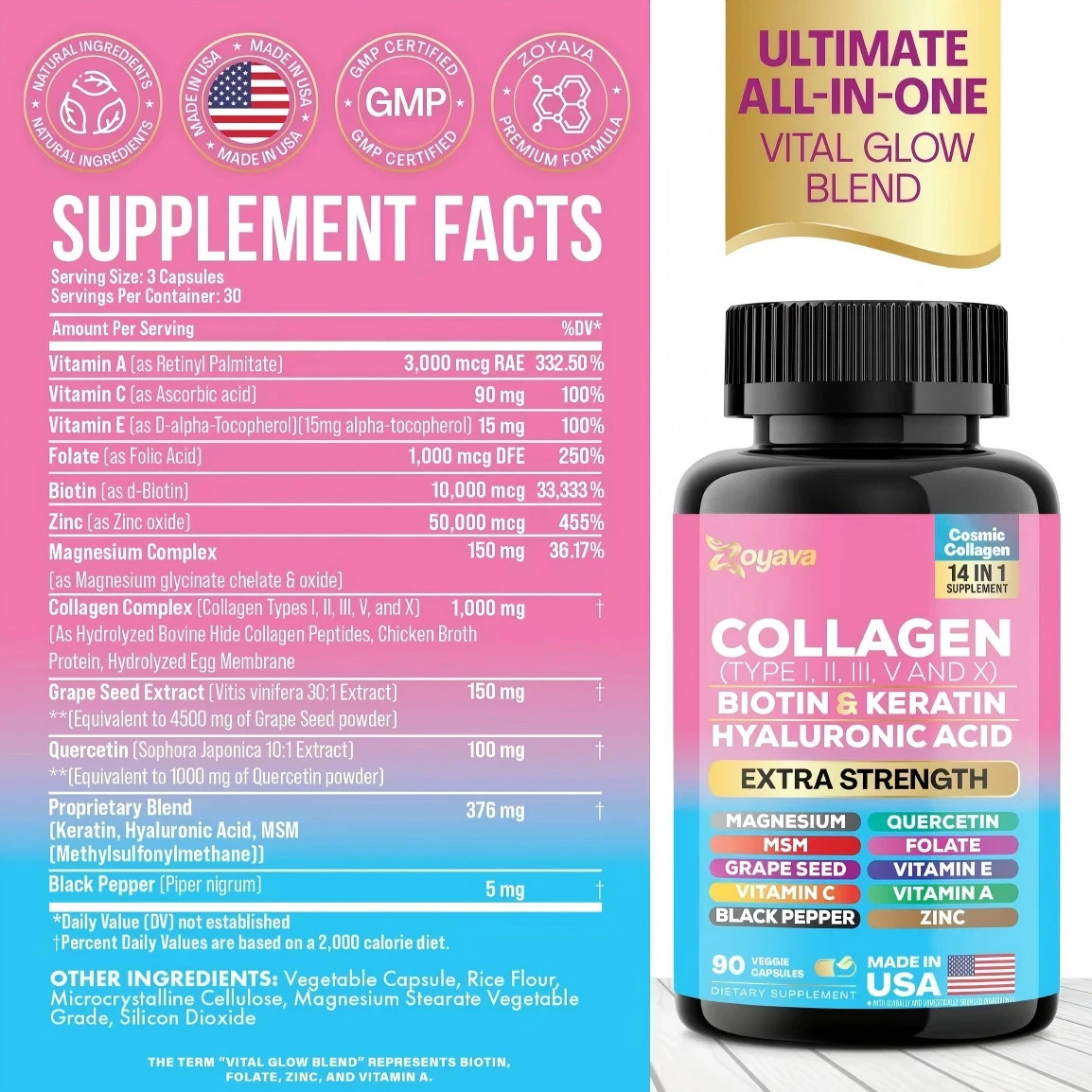 Collagen Peptides Type I II III V X – Biotin, Keratin, Hyaluronic Acid