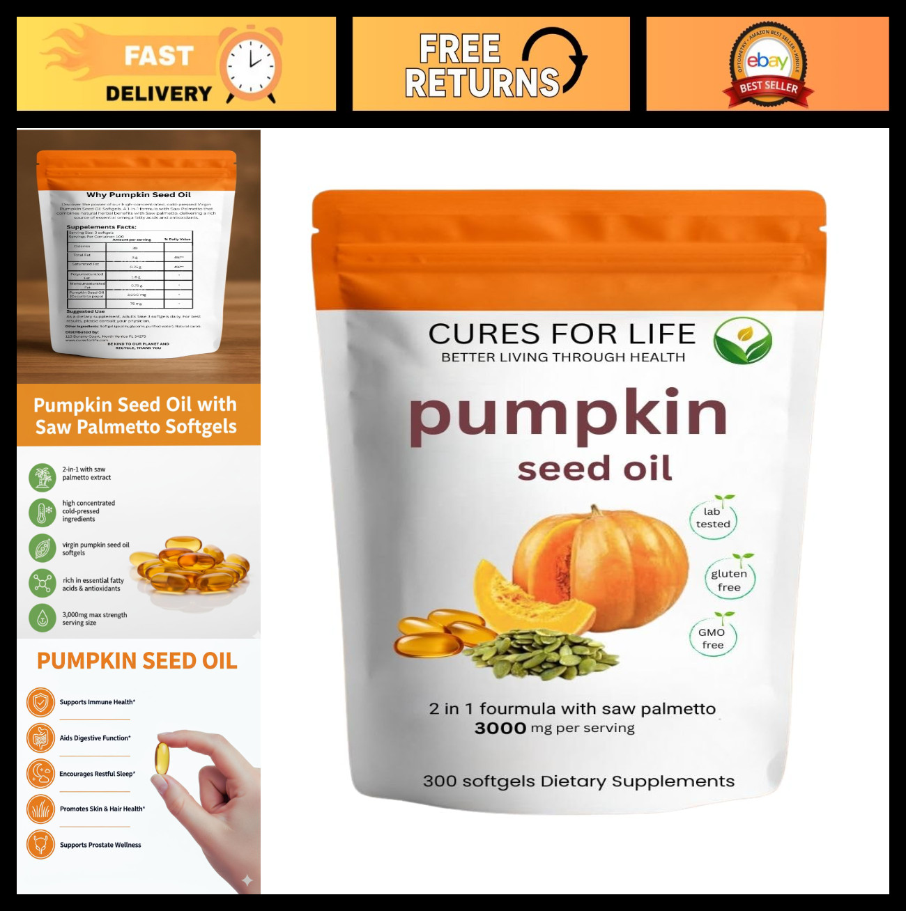 Pumpkin Seed Oil & Saw Palmetto 3000mg – 300 Softgels | Cold Pressed, Non-GMO |