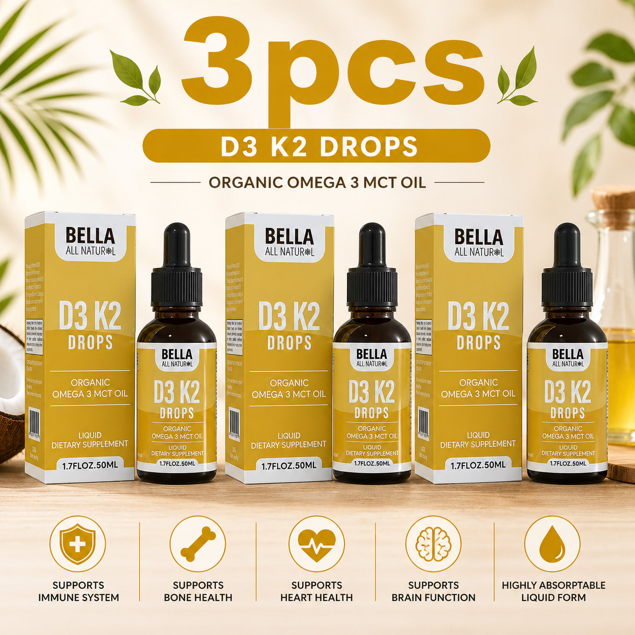 Bella All Natural D3 K2 Drops 3 Pack Organic Omega 3 MCT Oil Immune Bone Support