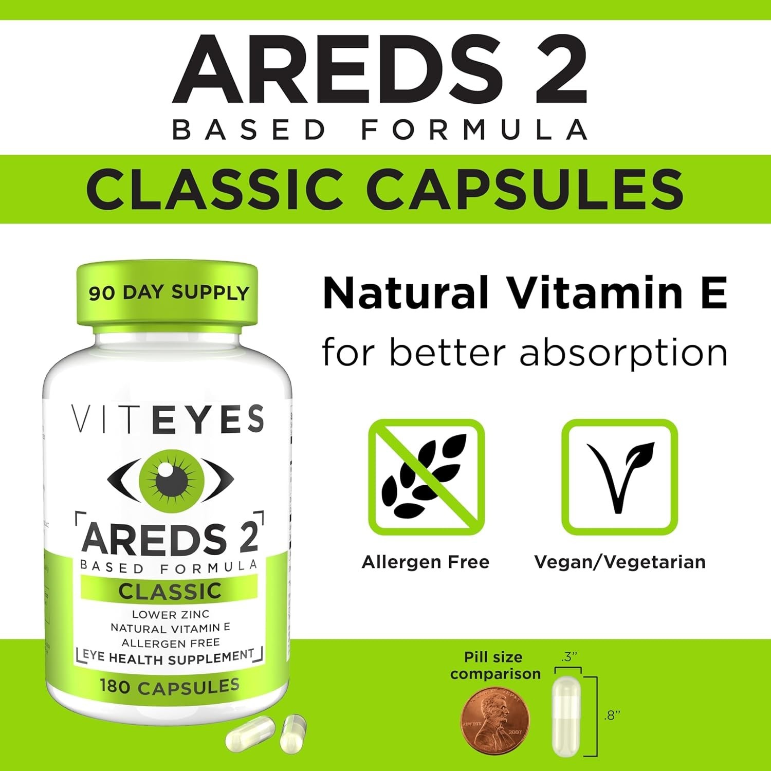 Viteyes AREDS 2 Eye Vitamins, Classic Macular Support, Allergen Free Capsules, w