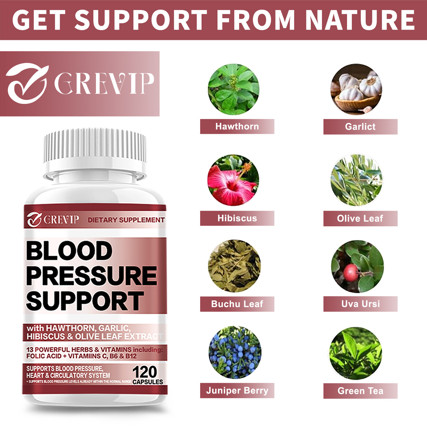 120pcs Blood Pressure Support-Hawthorn,Hibiscus,Olive Leaf-Cardiovascular Health