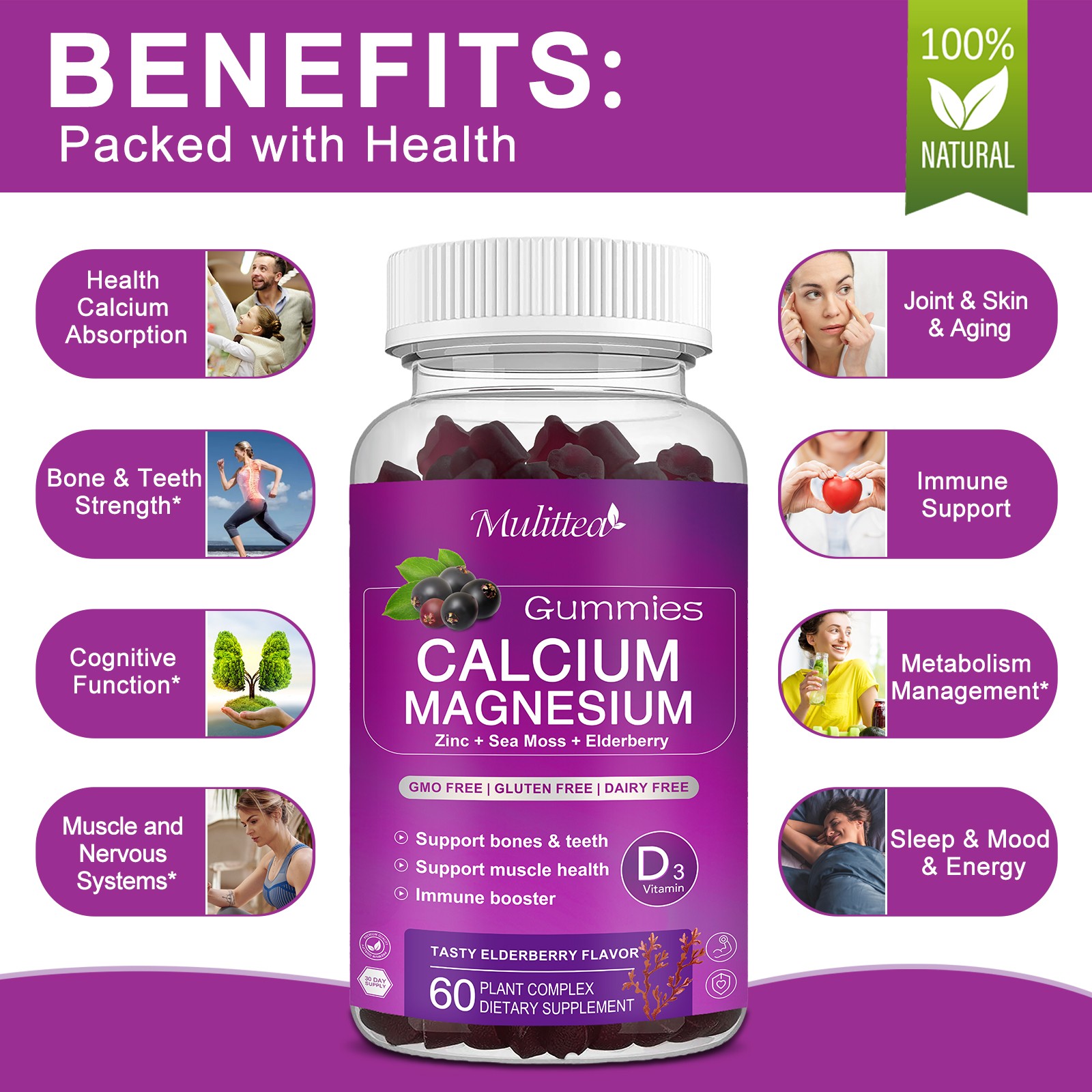 120pcs Calcium Magnesium Zinc D3 Gummy for Muscle,Bone,Calm,Mood,Sleep Support