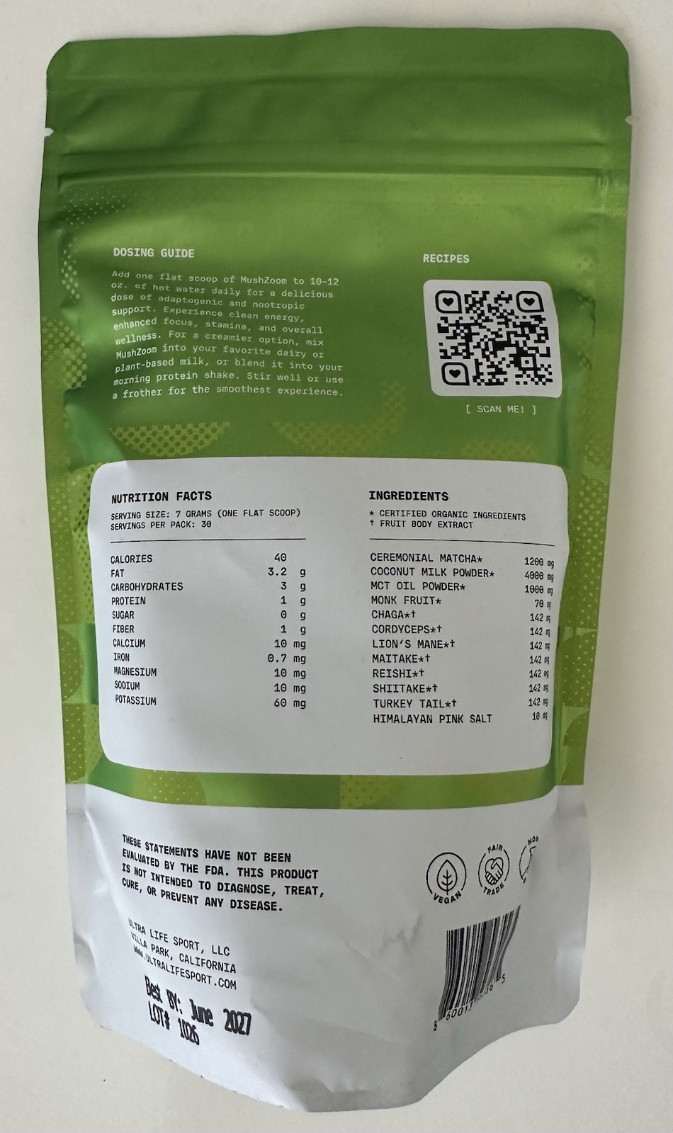 Mush Zoom Energizing Coconut Matcha Focus & Vitality Blend -30 Servings, Organic
