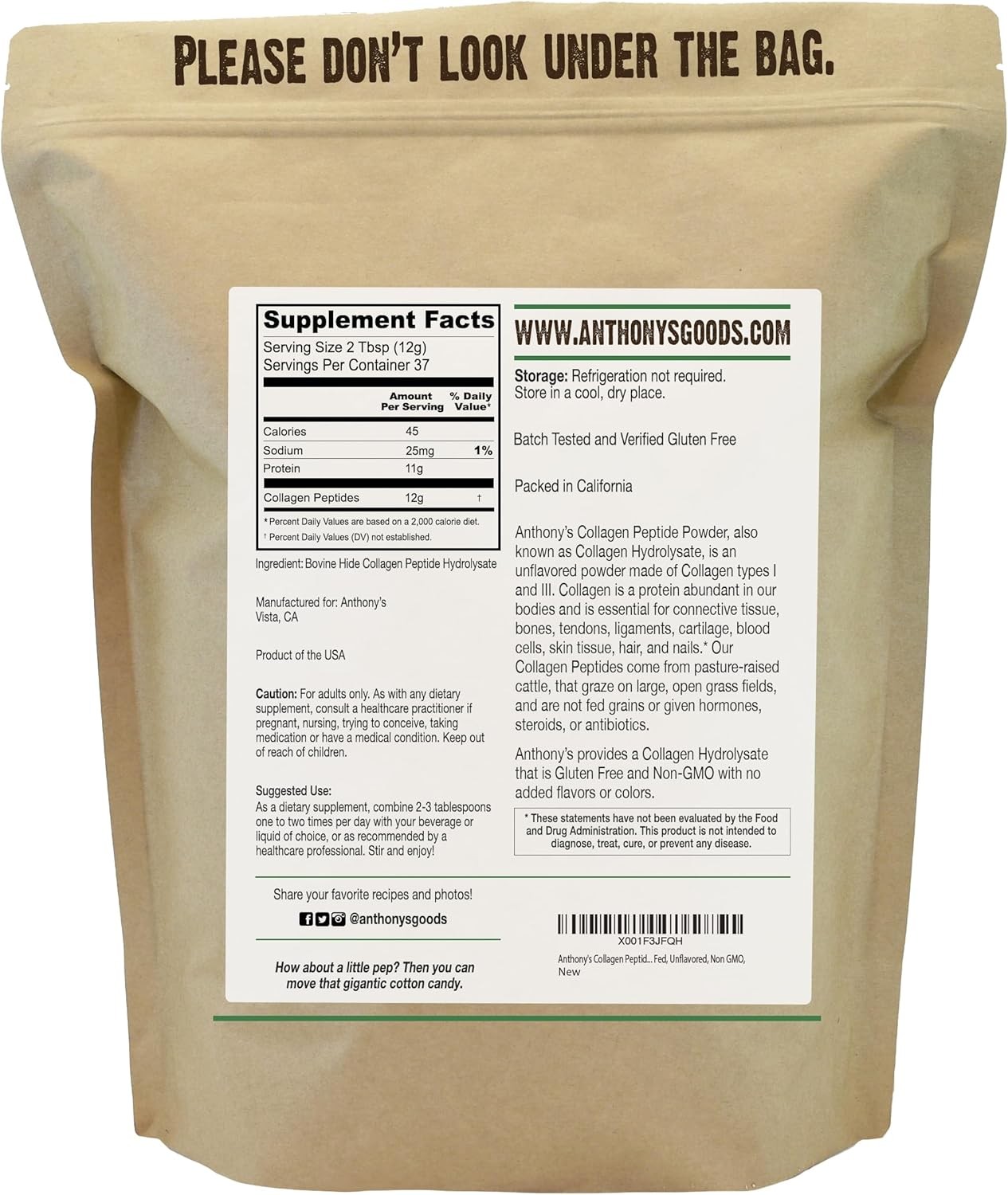 Anthony’s Collagen Peptide Powder 1 lb | Pure Hydrolyzed | Gluten Free | Keto