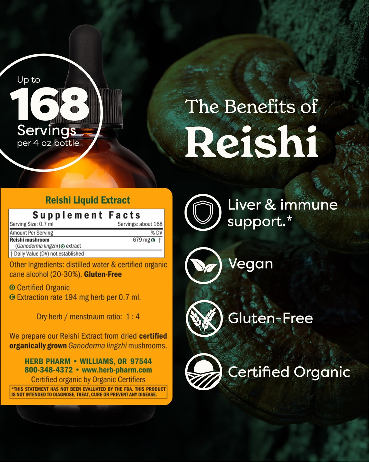 Herb Pharm Reishi Mushroom Liquid Extract Drops Immune System Builder 4 Oz