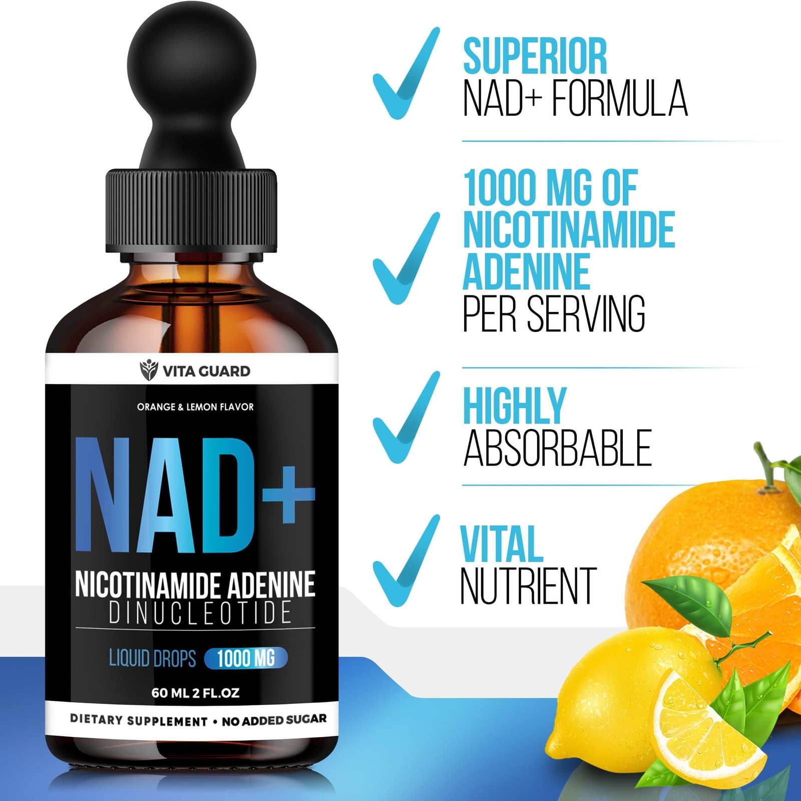 Vita Guard Pure NAD+ Supplements 1000mg Liquid Drops for 2 Fl Oz (Pack of 1)