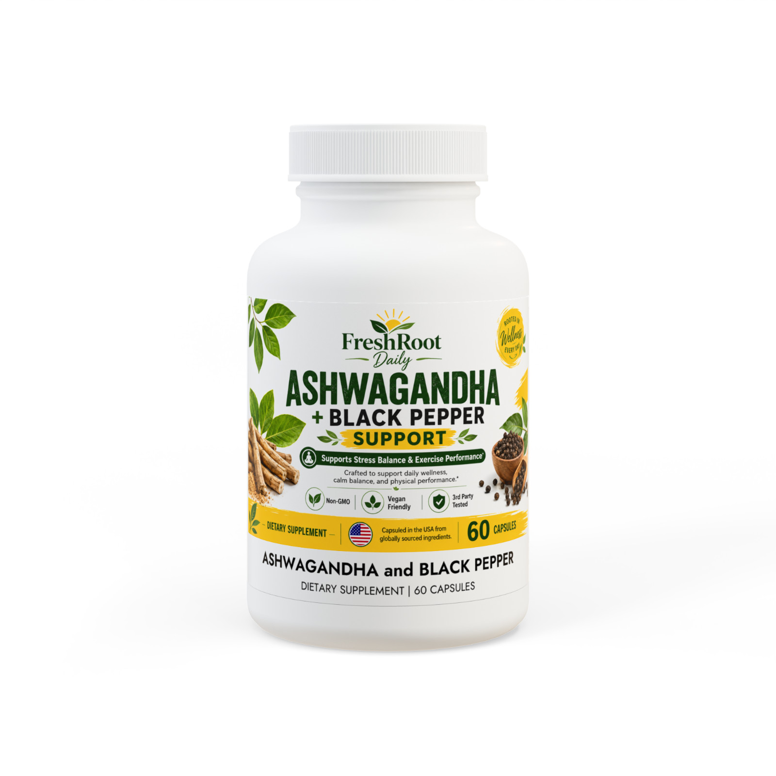 Ashwagandha Black Pepper Supplement 60 Capsules Stress Support Vegan Non-GMO