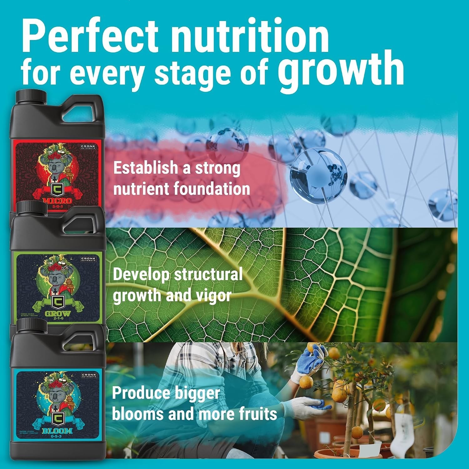 Cronk Nutrients 3-Part Kit: Micro, Grow & Bloom Base Fertilizers, 3 x 1L | Optim